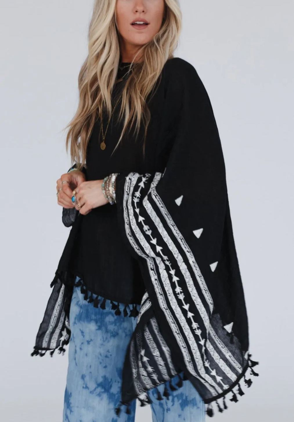 Fallon Embroidered Sleeve Tassel Poncho - Black