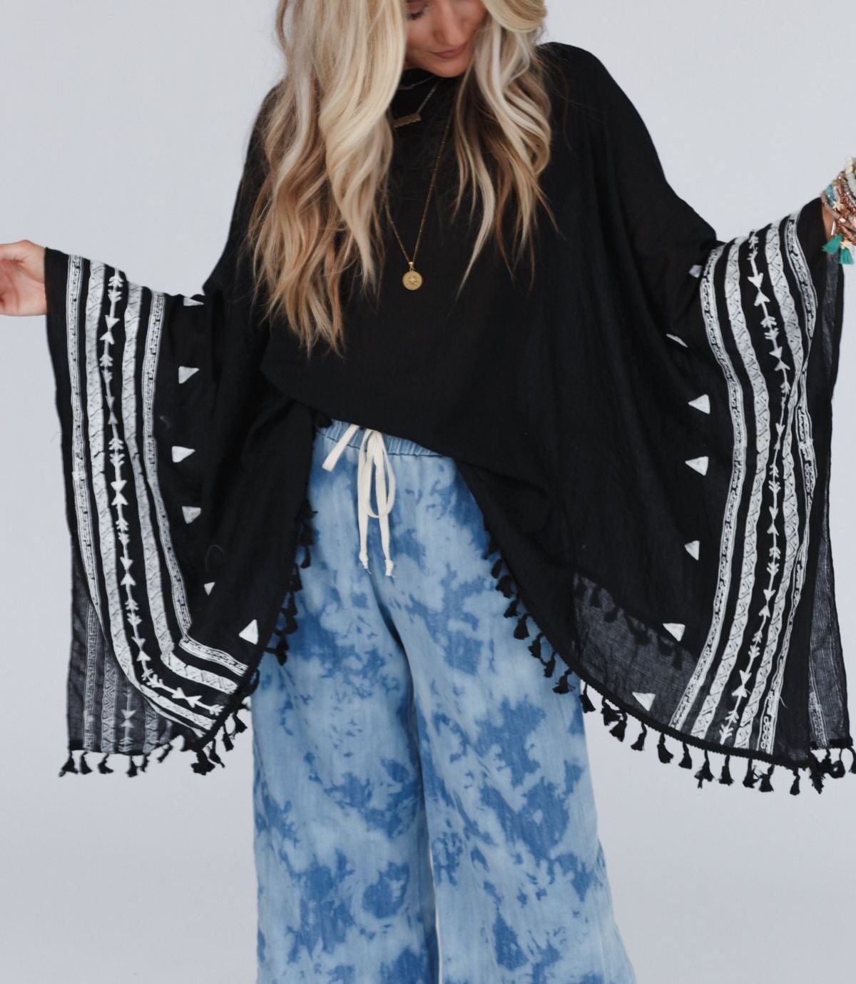 Fallon Embroidered Sleeve Tassel Poncho - Black
