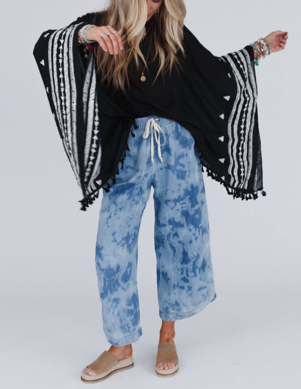 Fallon Embroidered Sleeve Tassel Poncho - Black