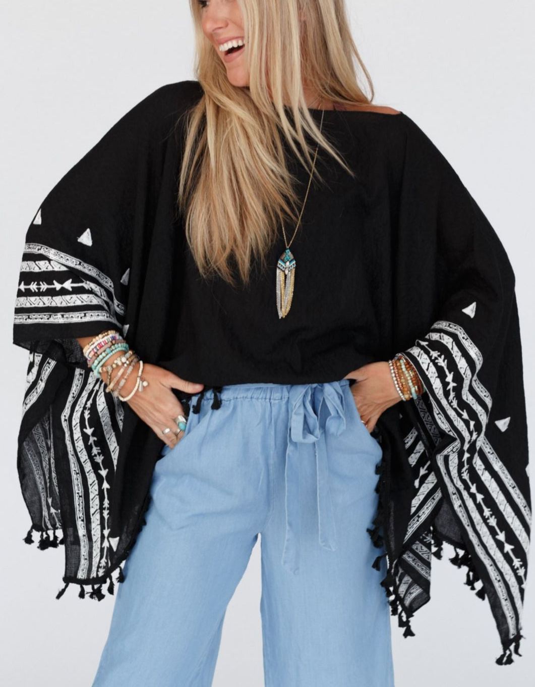 Fallon Embroidered Sleeve Tassel Poncho - Black