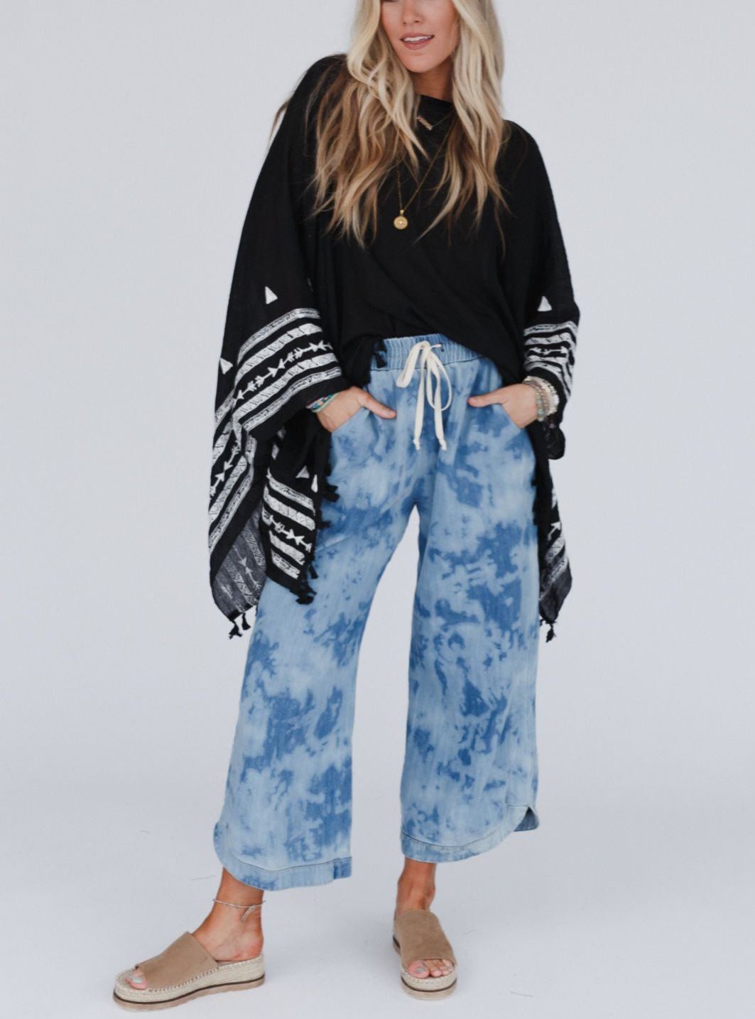 Fallon Embroidered Sleeve Tassel Poncho - Black