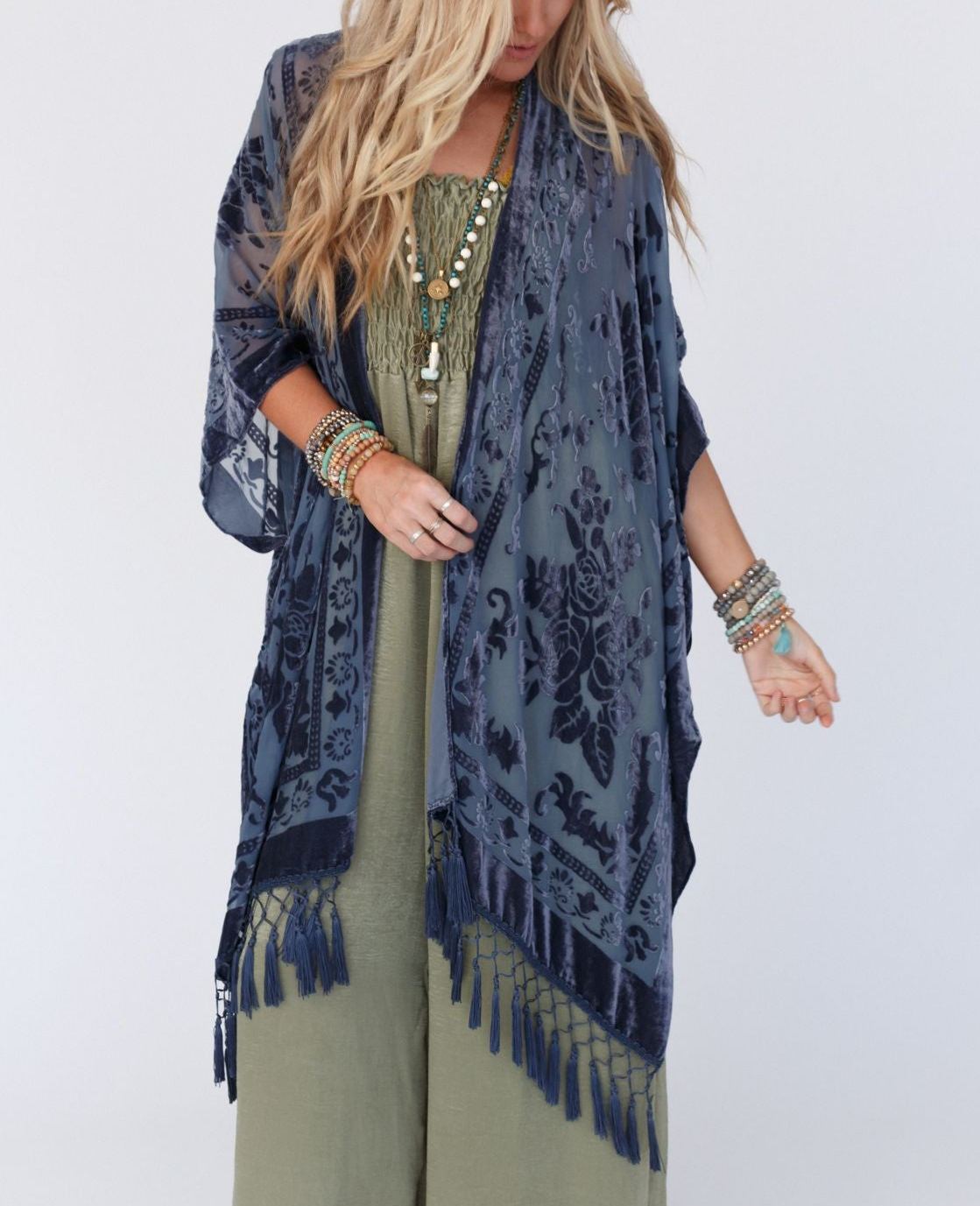 Crushin' On You Velvet Kimono - Navy Blue