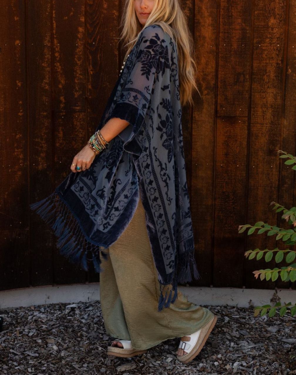 Crushin' On You Velvet Kimono - Navy Blue