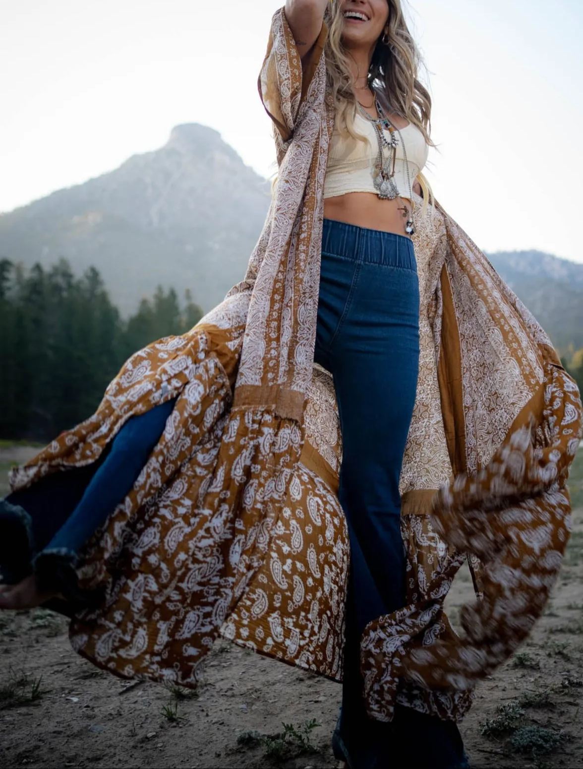 Paisley Tapestry Free Flow Duster Kimono - Brown