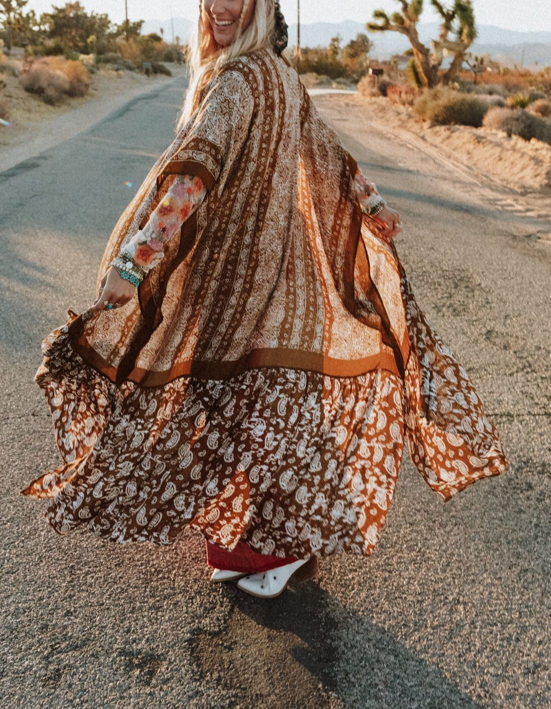 Paisley Tapestry Free Flow Duster Kimono - Brown