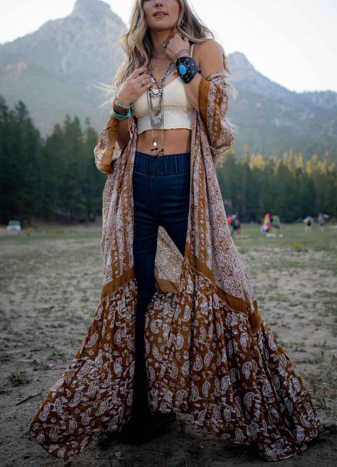 Paisley Tapestry Free Flow Duster Kimono - Brown