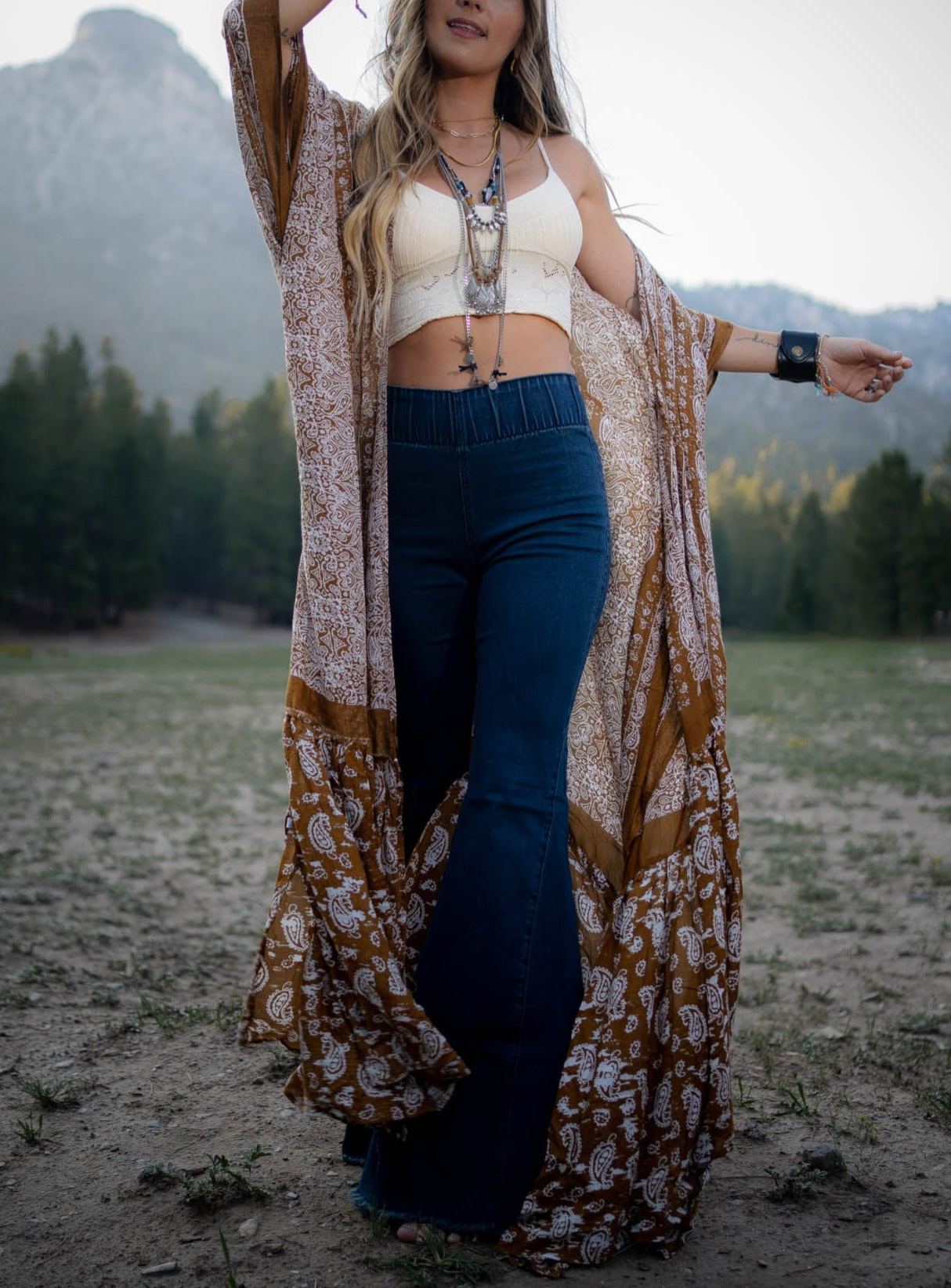 Paisley Tapestry Free Flow Duster Kimono - Brown