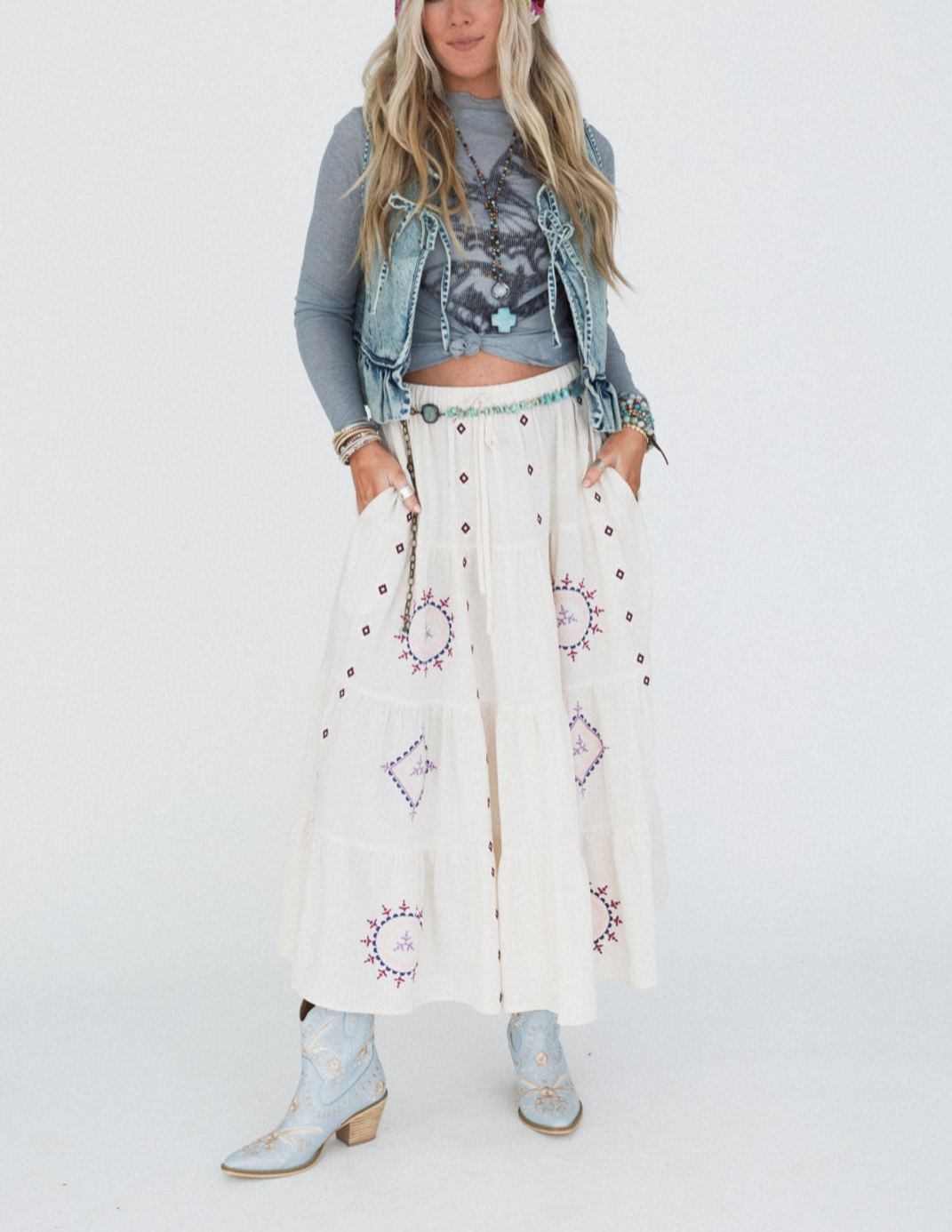 Larkspur Embroidered Maxi Skirt - Natural
