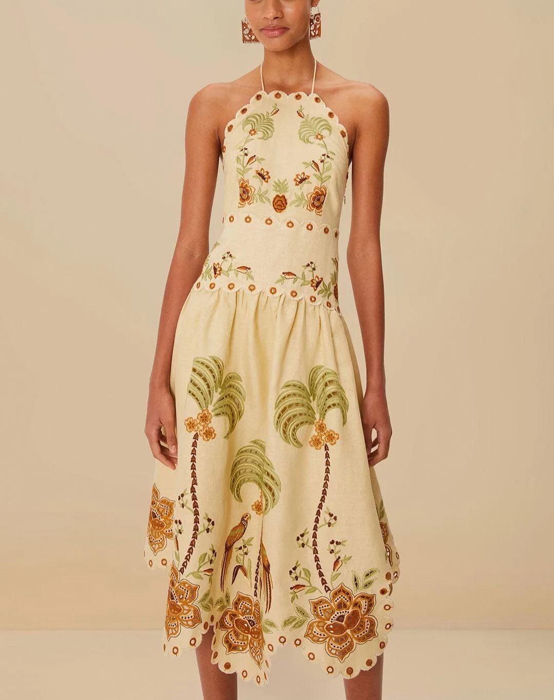 Sand Delicate Forest Richelieu Embroidered Euroflax™ Premium Linen Midi Dress