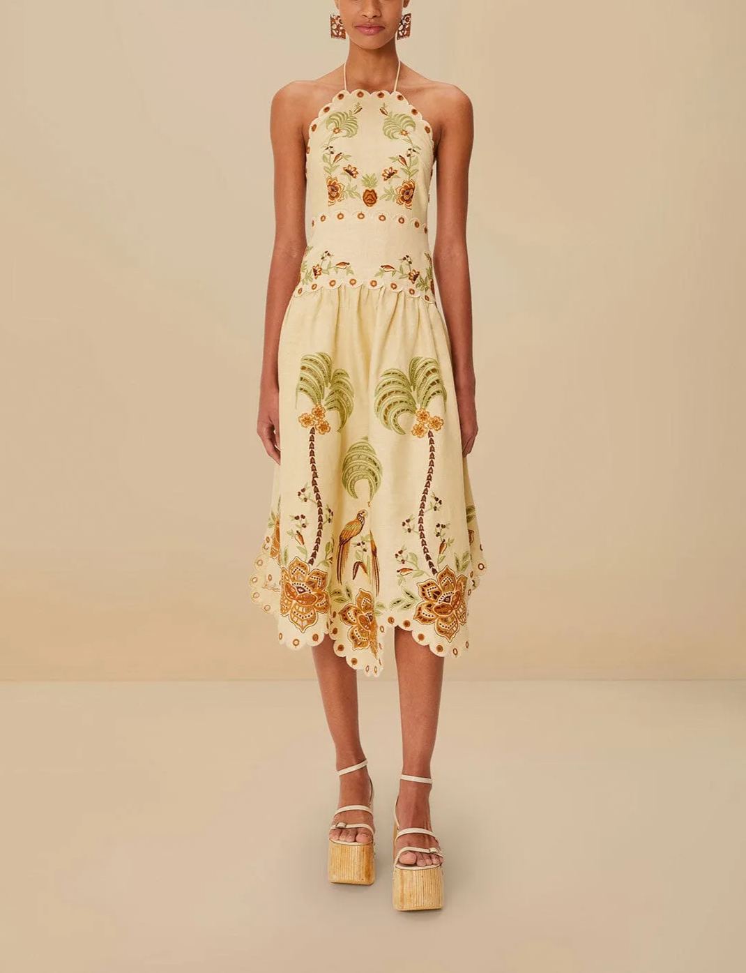 Sand Delicate Forest Richelieu Embroidered Euroflax™ Premium Linen Midi Dress