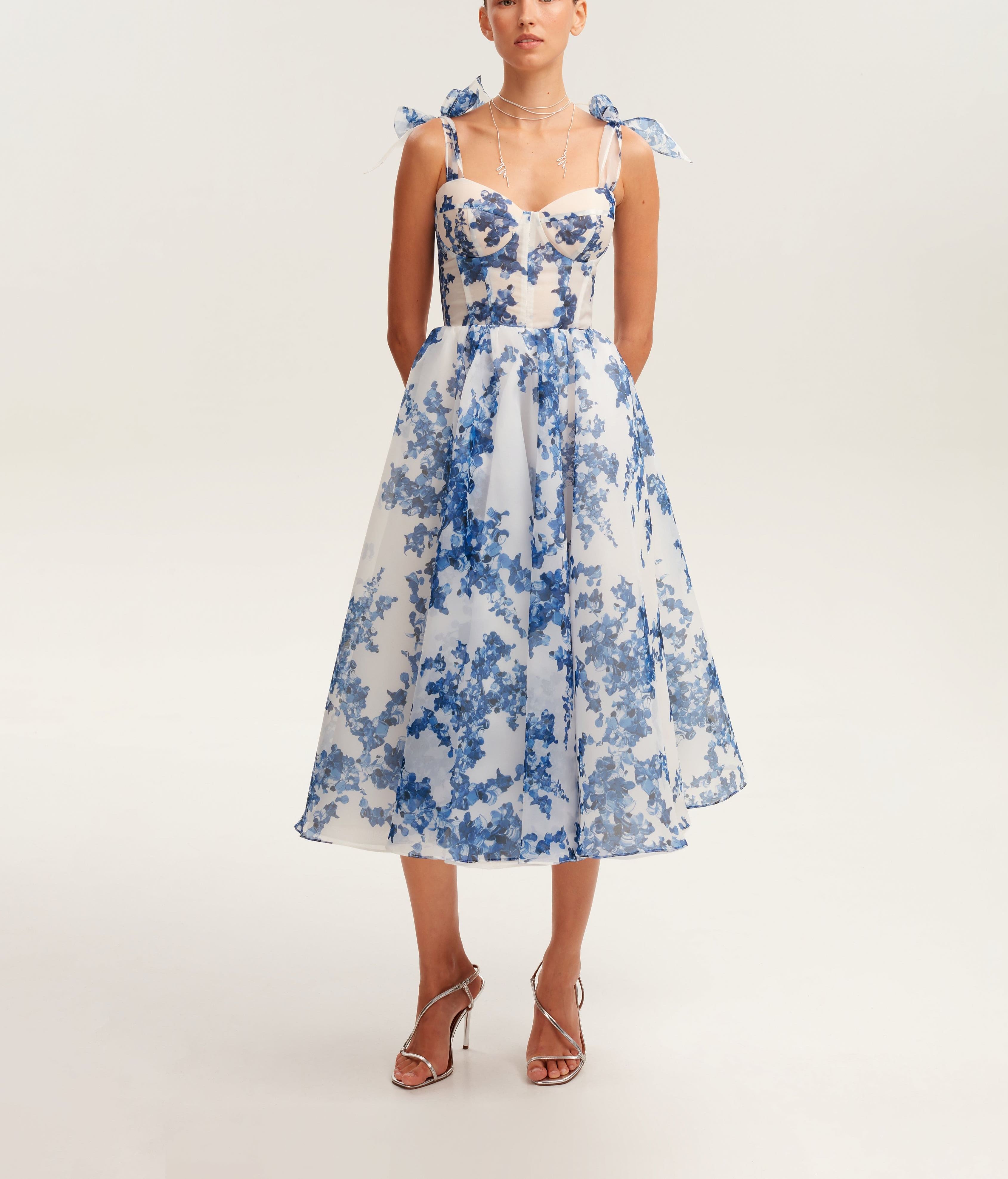 Charming blue hydrangea-patterned organza midi dress, Garden of Eden