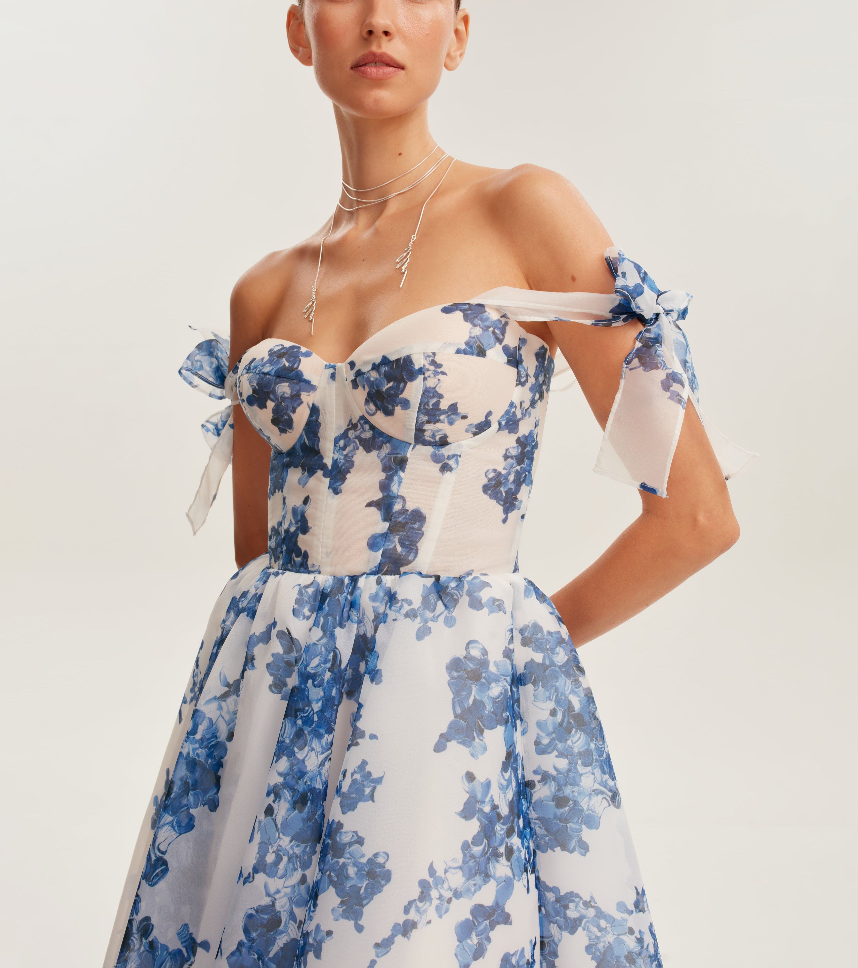 Charming blue hydrangea-patterned organza midi dress, Garden of Eden
