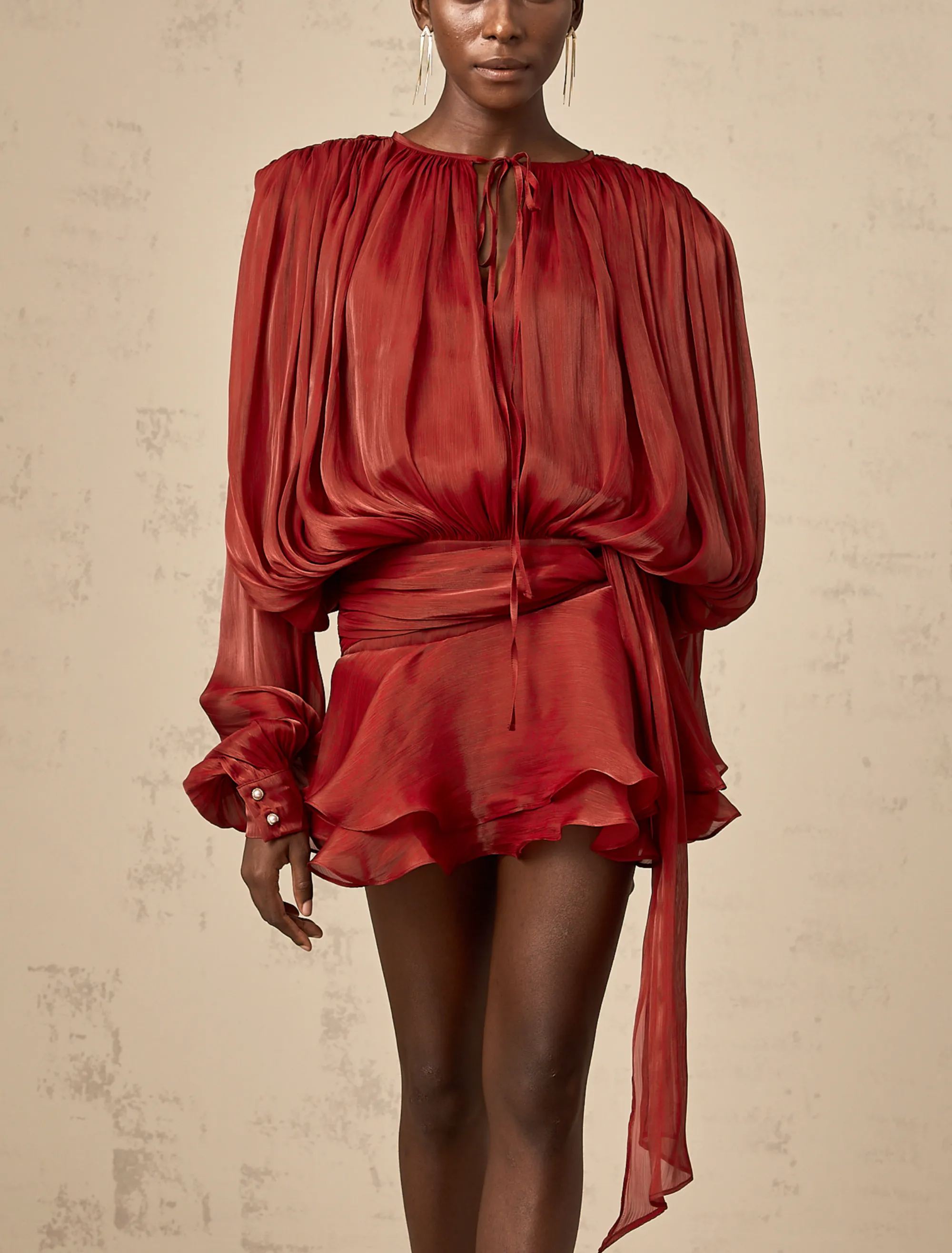 Eugénie Red Fully Pleated Ruffled Mini Dress