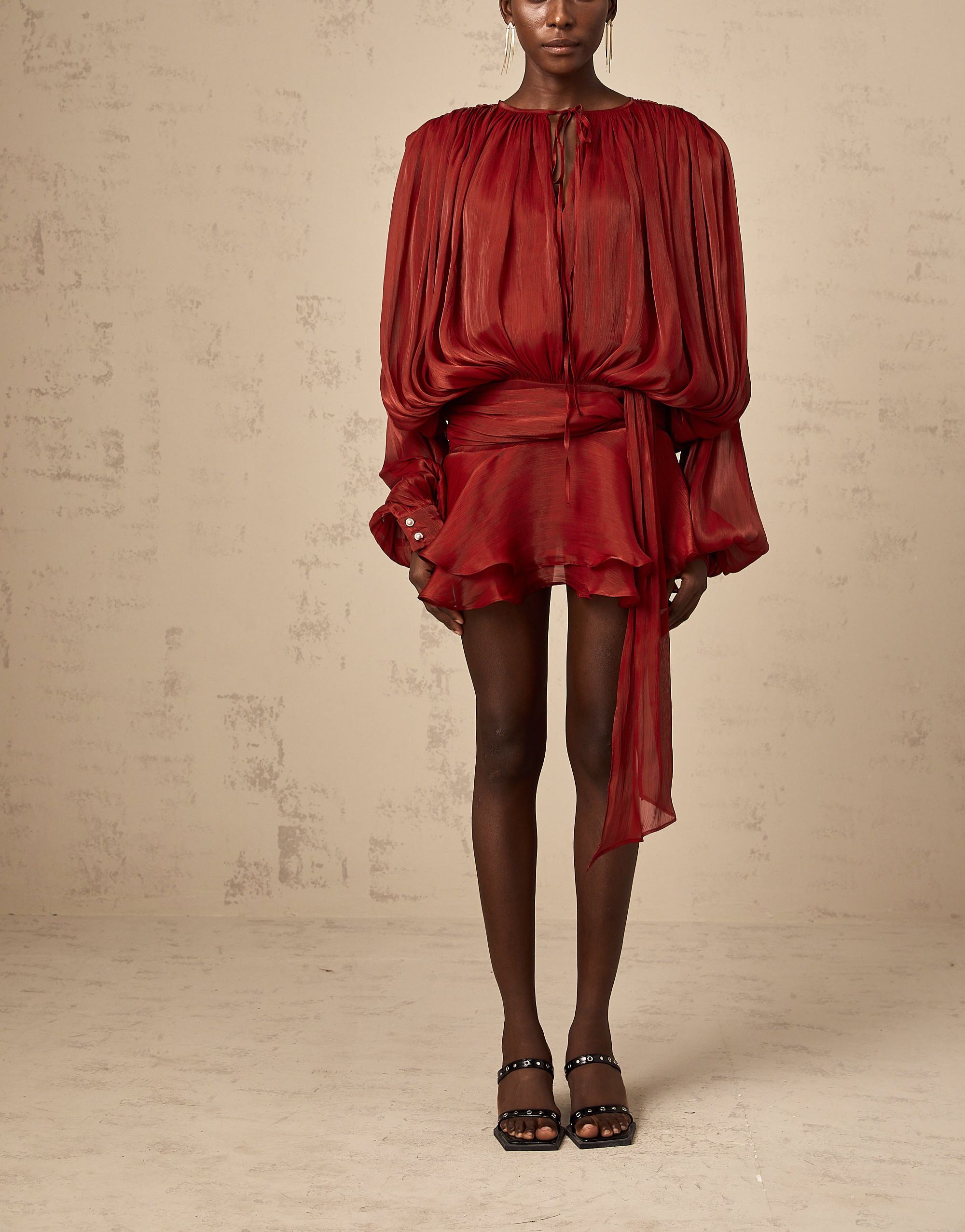 Eugénie Red Fully Pleated Ruffled Mini Dress