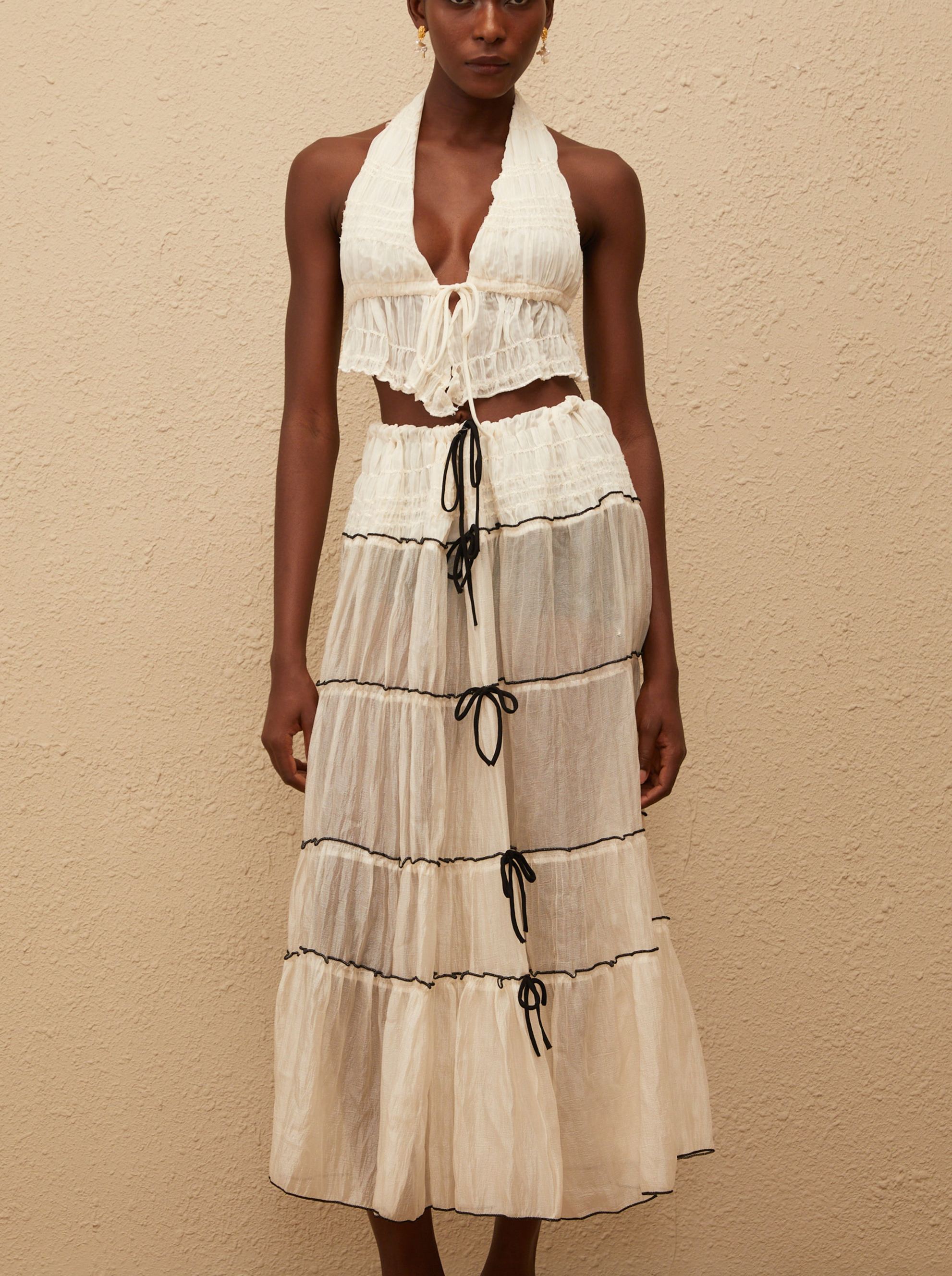 Aveline Cream White Bowknot Shirred Top & Skirt Set