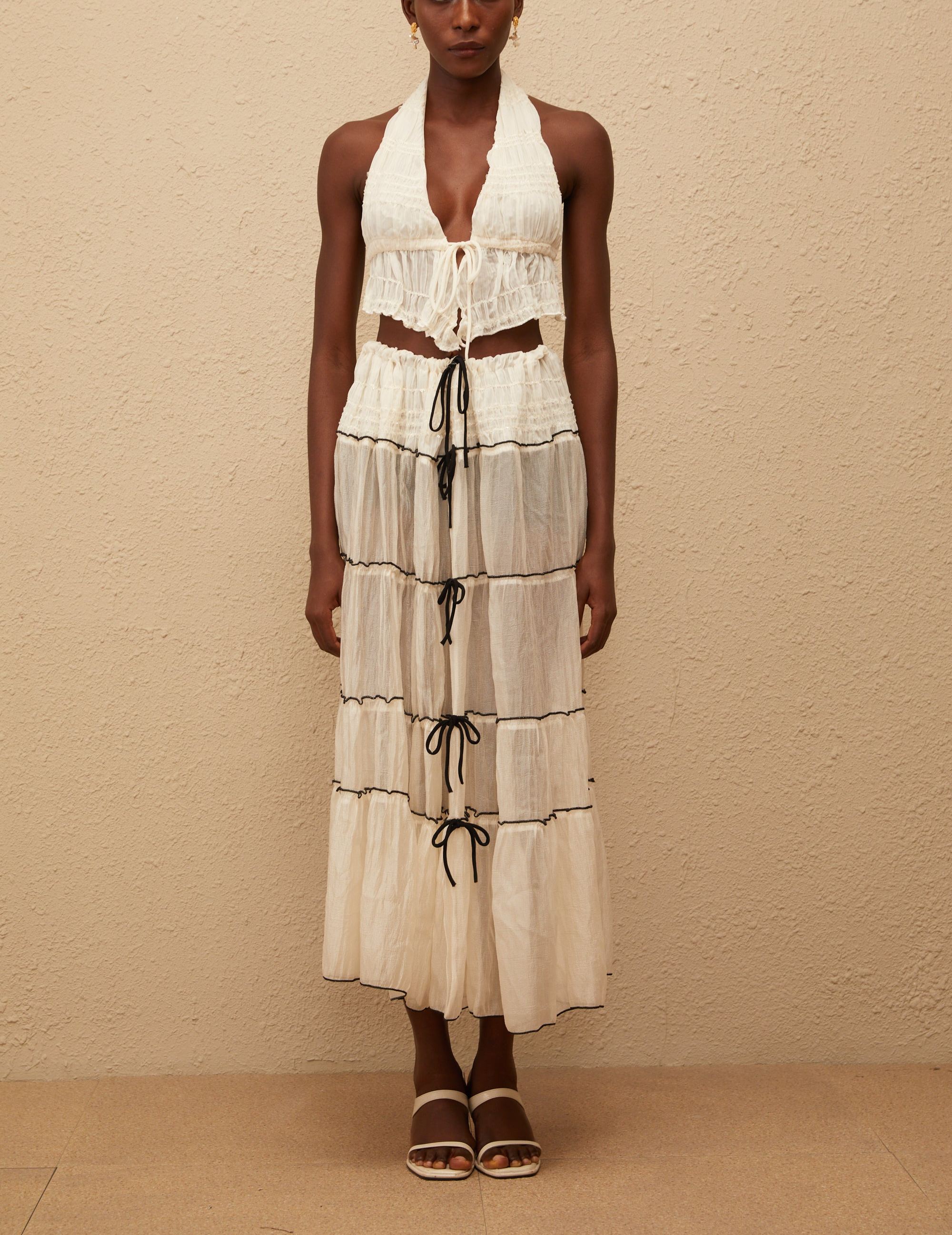 Aveline Cream White Bowknot Shirred Top & Skirt Set