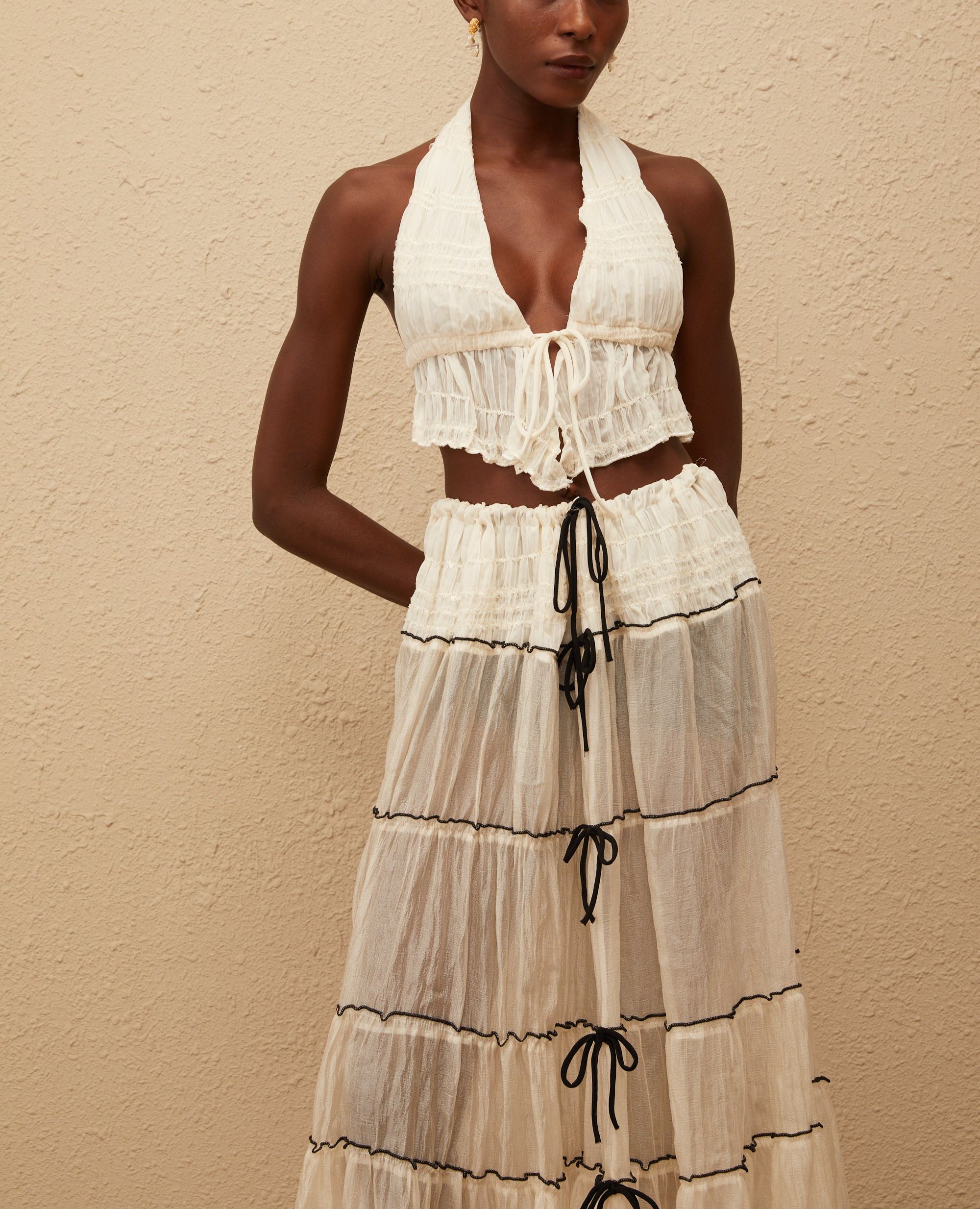 Aveline Cream White Bowknot Shirred Top & Skirt Set