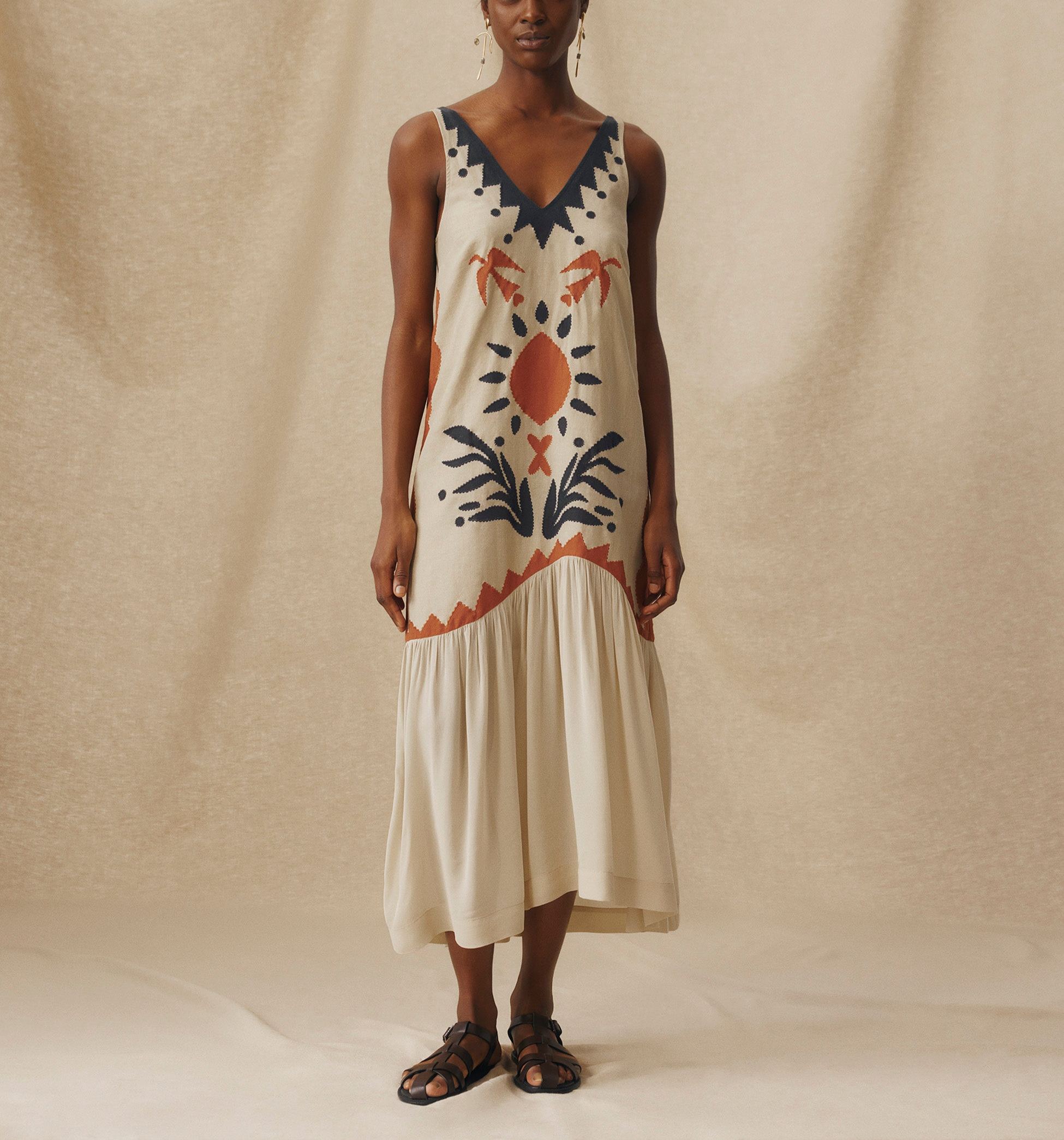 HELEN | Ecru Cotton-Linen Embroidered Drop Waist Midi Dress