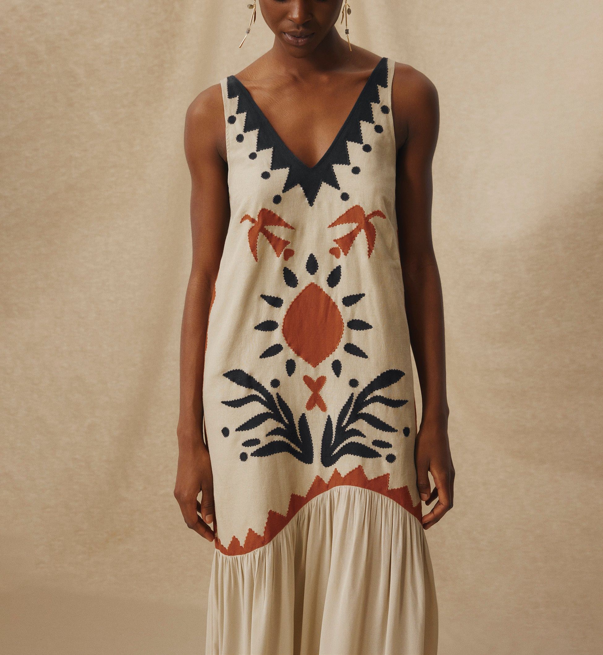 HELEN | Ecru Cotton-Linen Embroidered Drop Waist Midi Dress