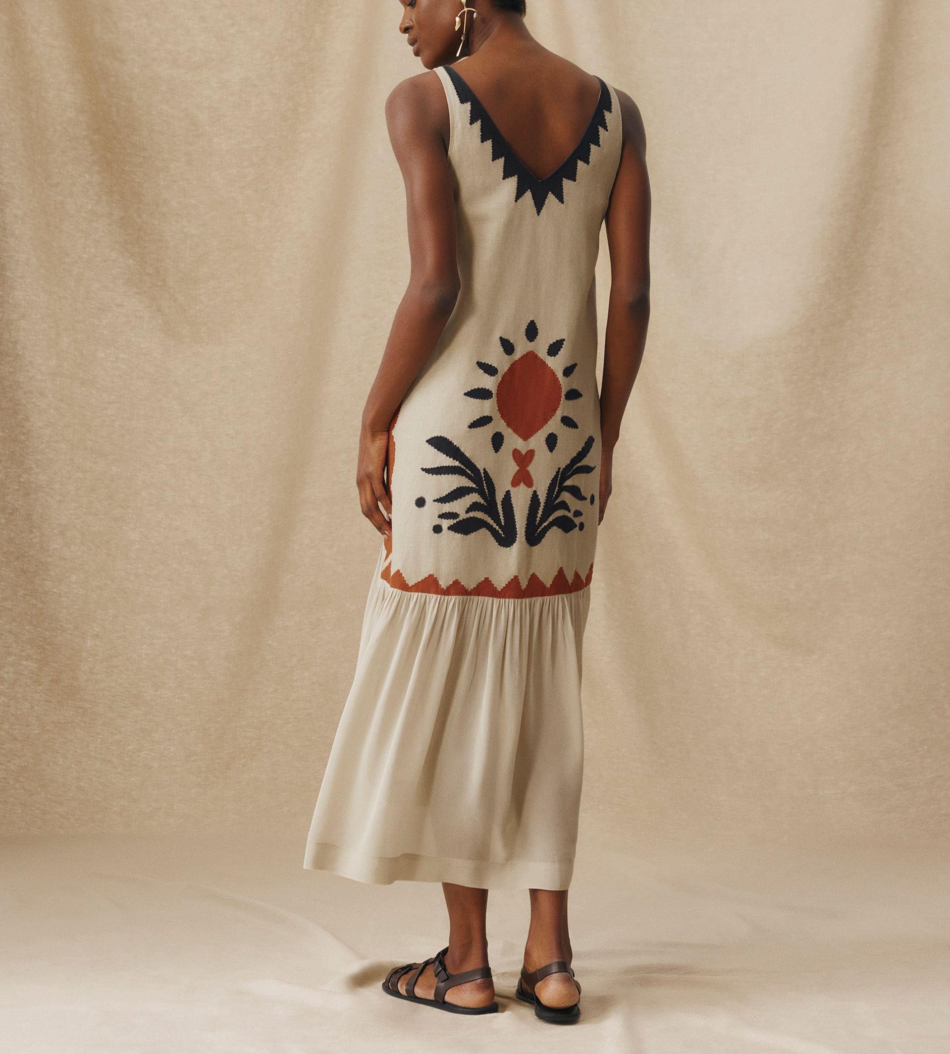 HELEN | Ecru Cotton-Linen Embroidered Drop Waist Midi Dress
