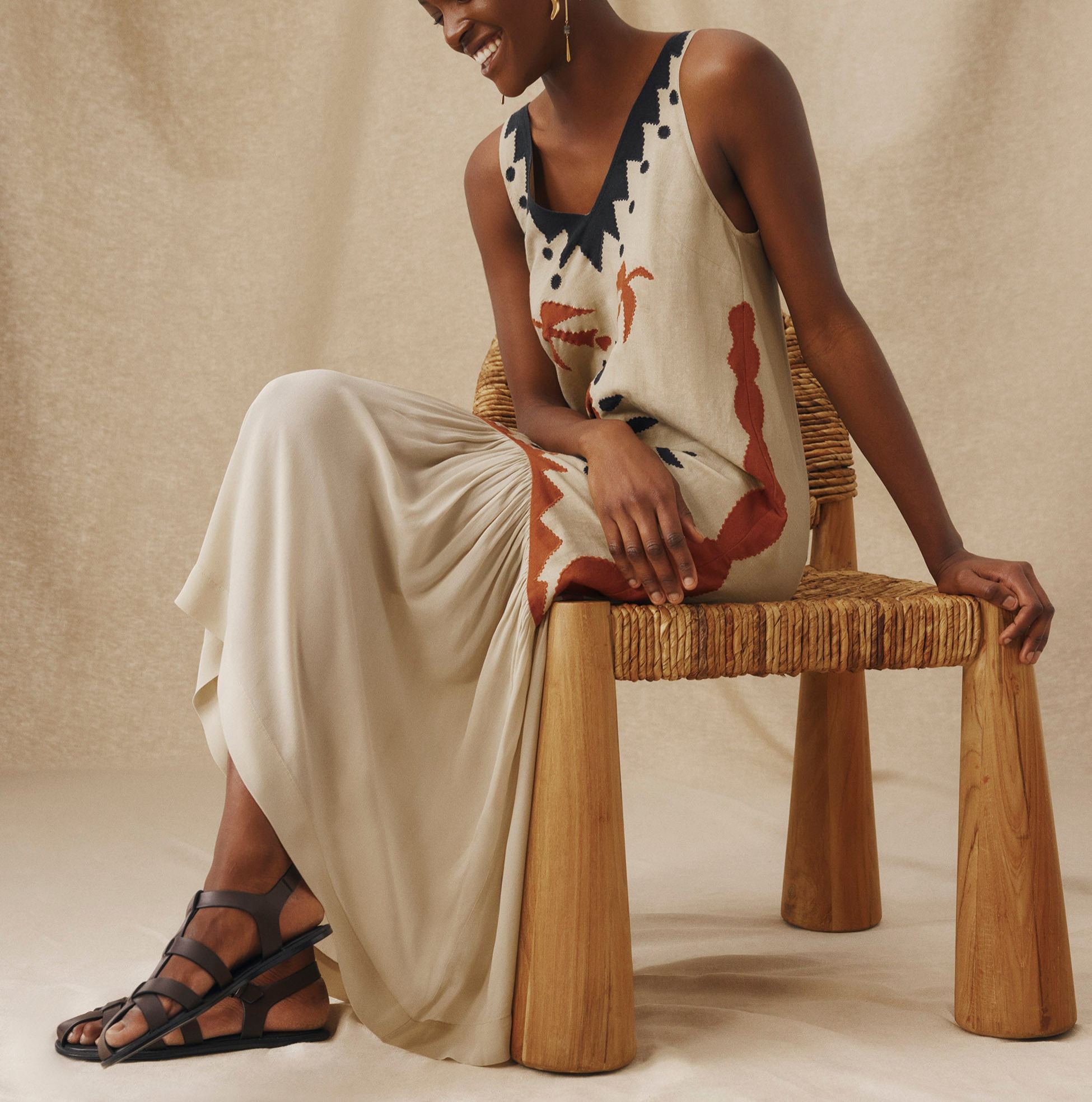 HELEN | Ecru Cotton-Linen Embroidered Drop Waist Midi Dress