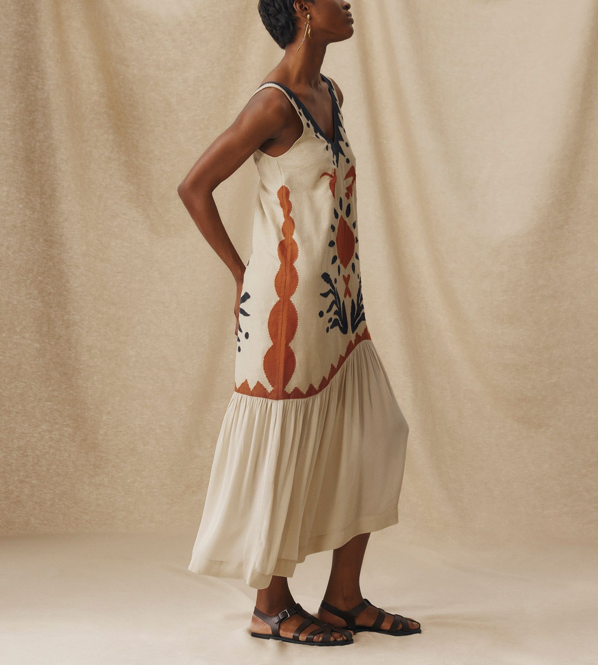 HELEN | Ecru Cotton-Linen Embroidered Drop Waist Midi Dress