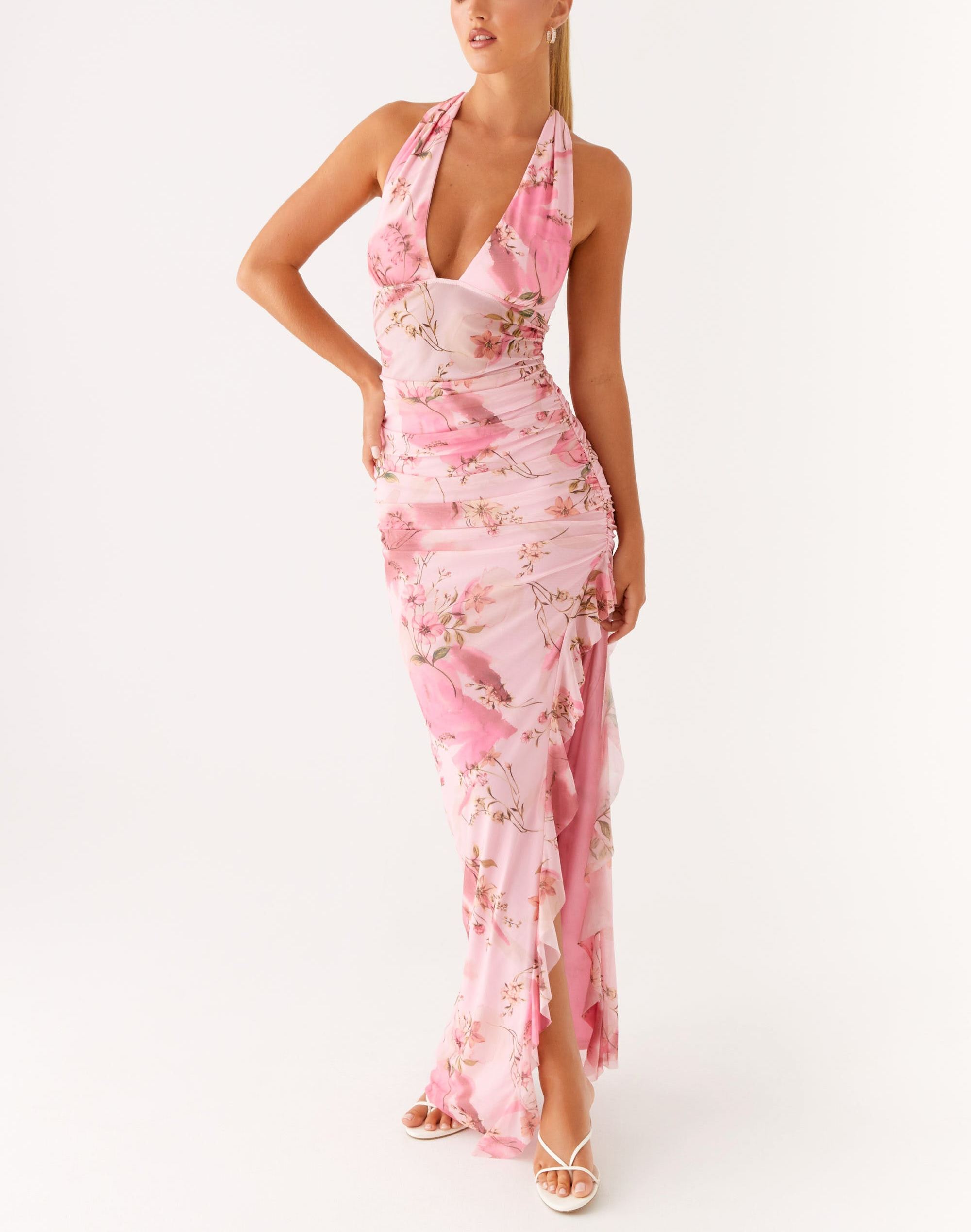 Micca Halter Maxi Dress - Pink Floral Print
