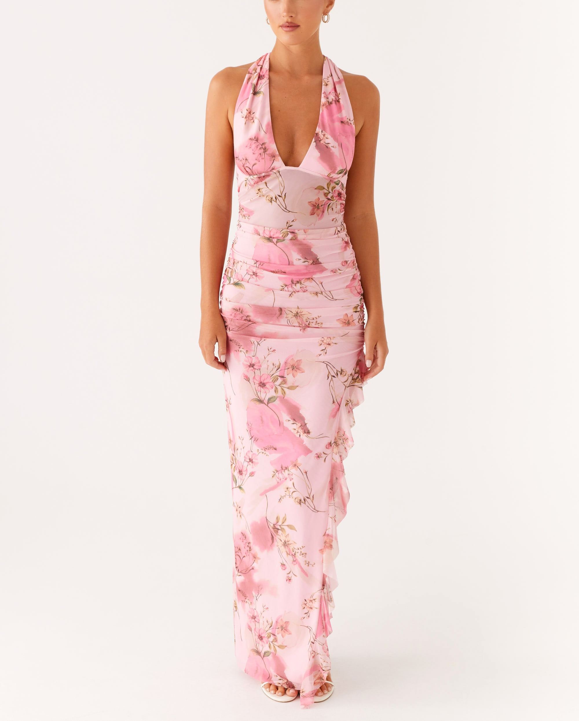 Micca Halter Maxi Dress - Pink Floral Print
