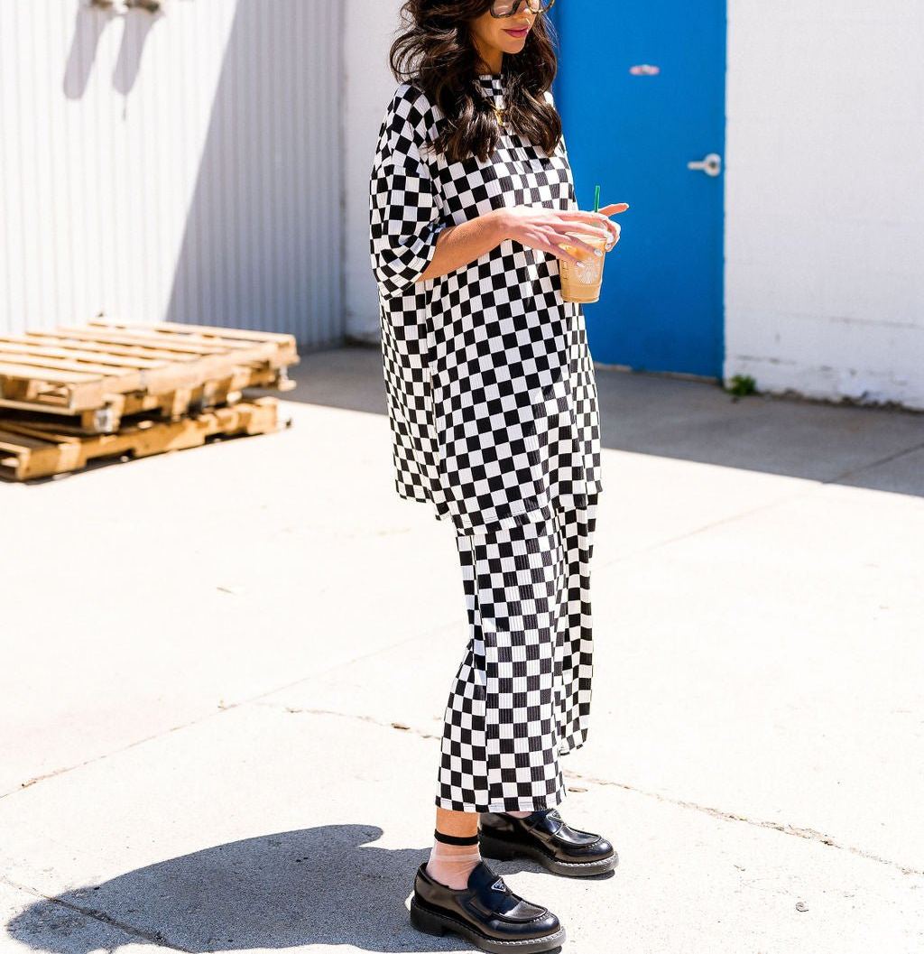 Lex Ribbed Playsuit in Black + White Checkerboard