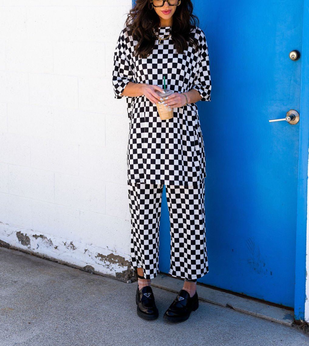 Lex Ribbed Playsuit in Black + White Checkerboard