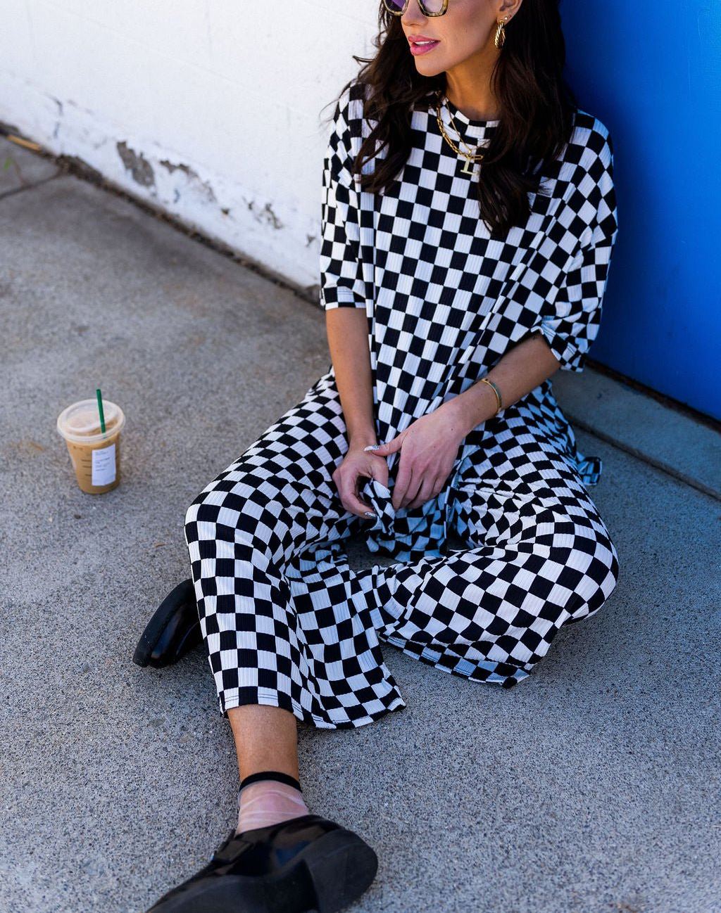 Lex Ribbed Playsuit in Black + White Checkerboard