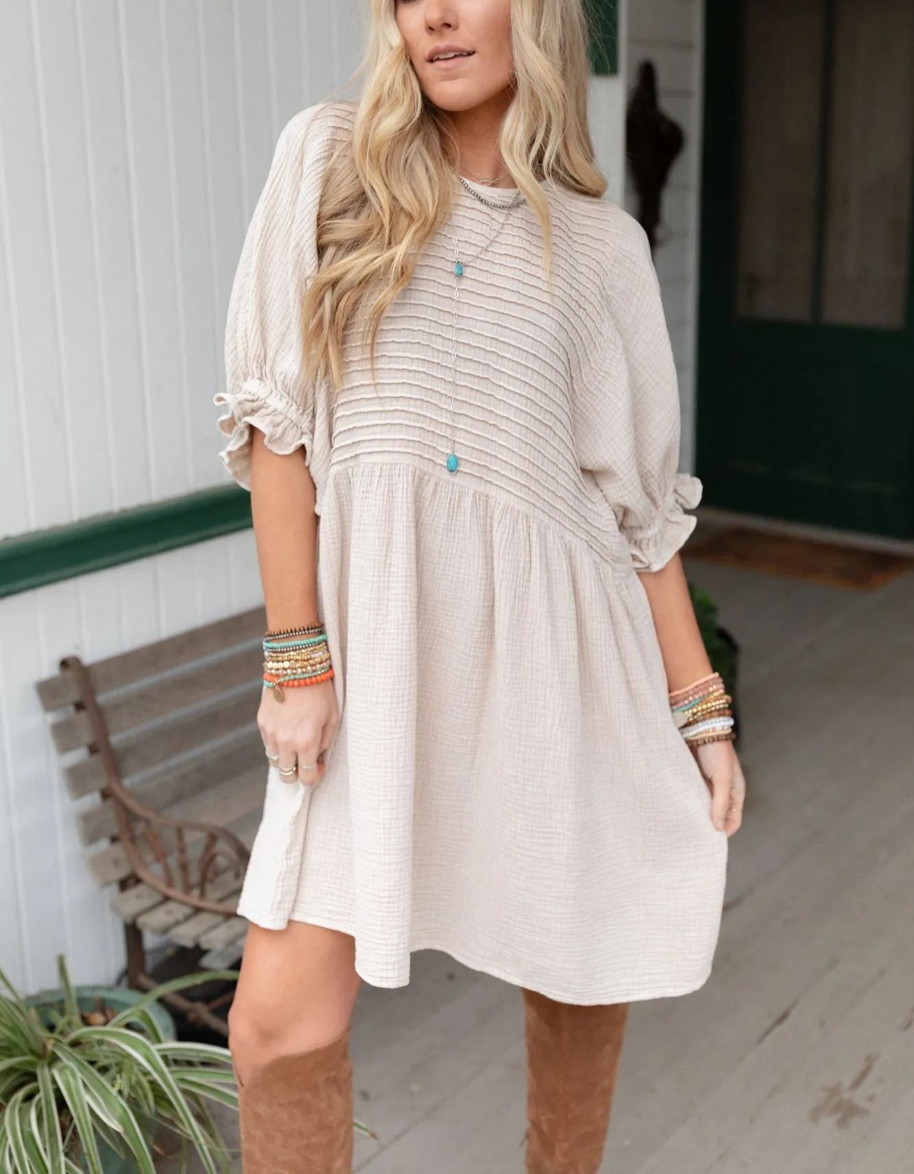 Quinn Puff Sleeve Mini Dress - Natural