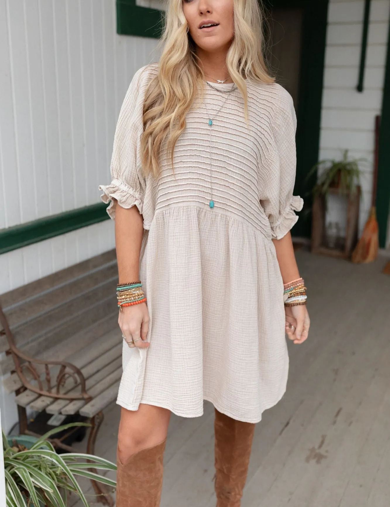 Quinn Puff Sleeve Mini Dress - Natural
