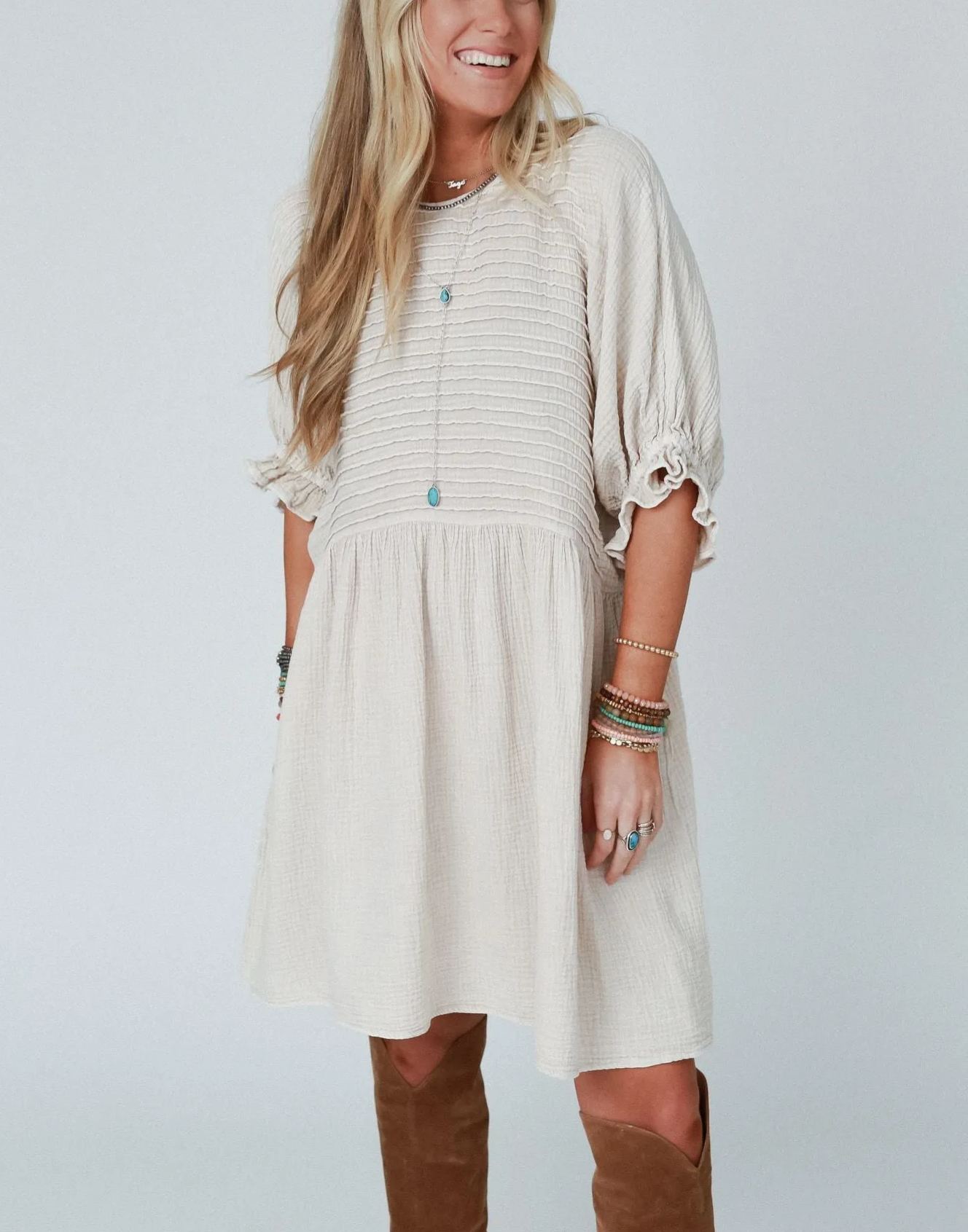 Quinn Puff Sleeve Mini Dress - Natural