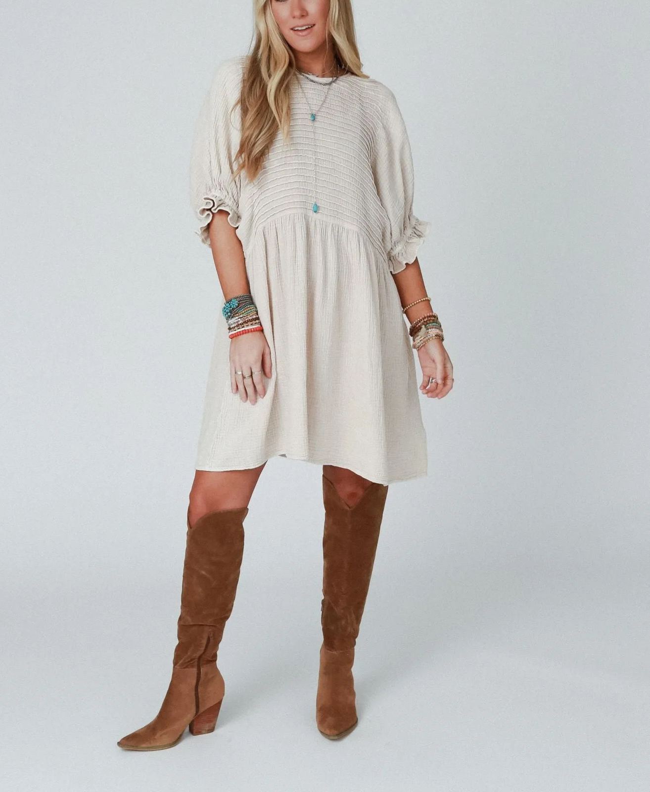 Quinn Puff Sleeve Mini Dress - Natural