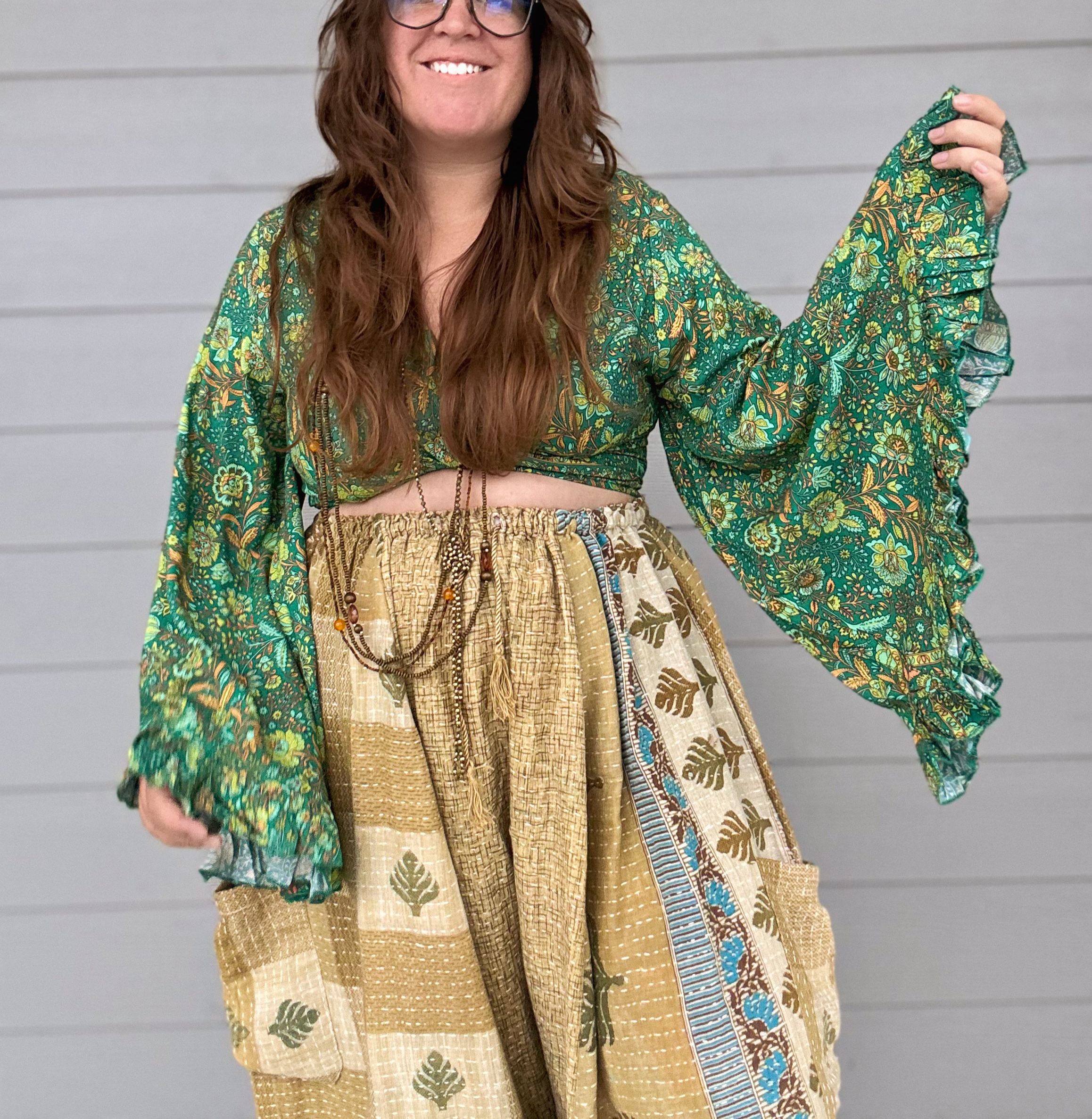 Silk Bell Sleeve Hippie Boho Wrap Top