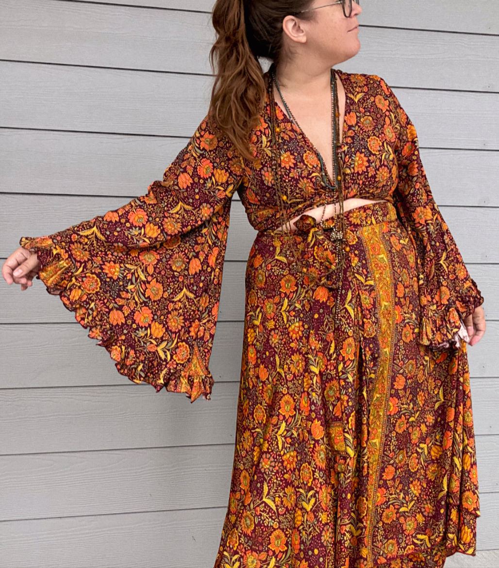 Silk Bell Sleeve Hippie Boho Wrap Top