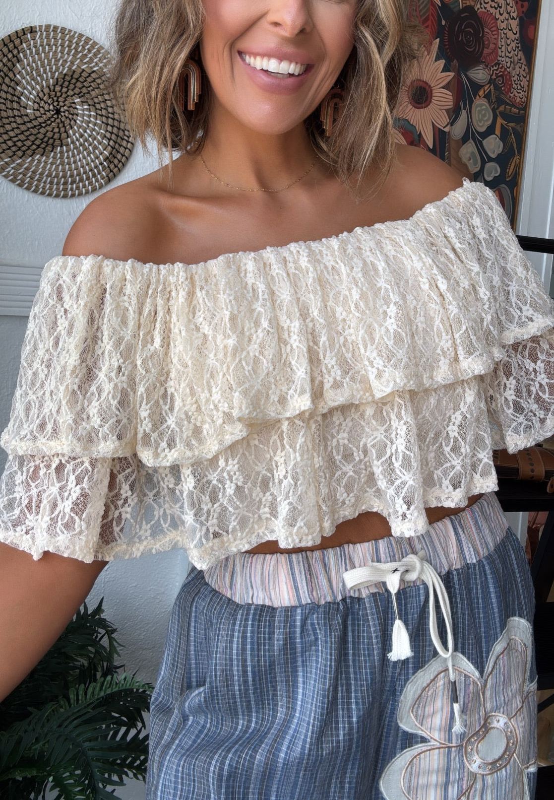 BY TOGETHER: Lucy Lace Off The Shoulder Short Sleeve Tiered Top