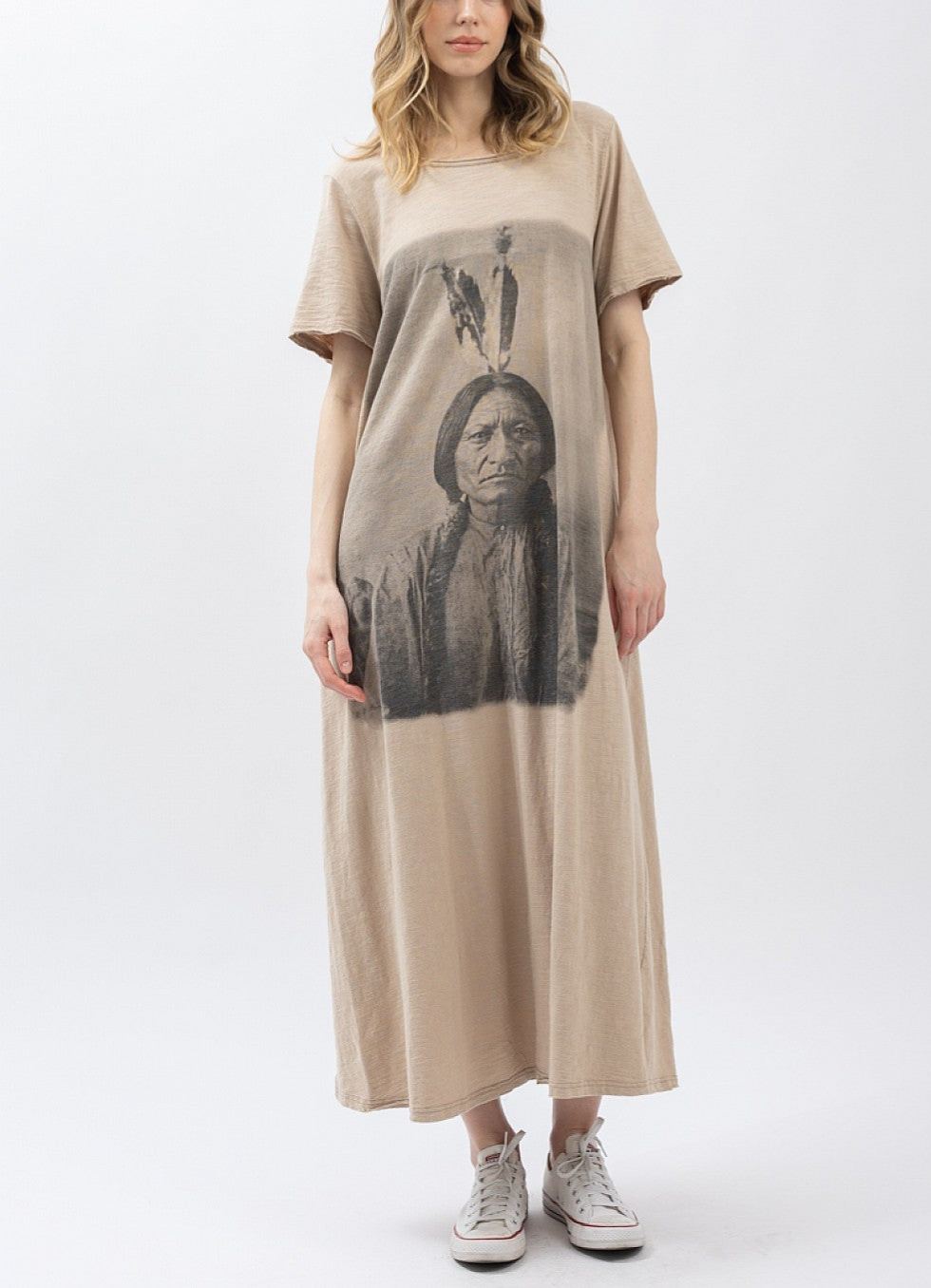 BlueVelvet Indian Print Washed Short Sleeve Long Dress Mushroom