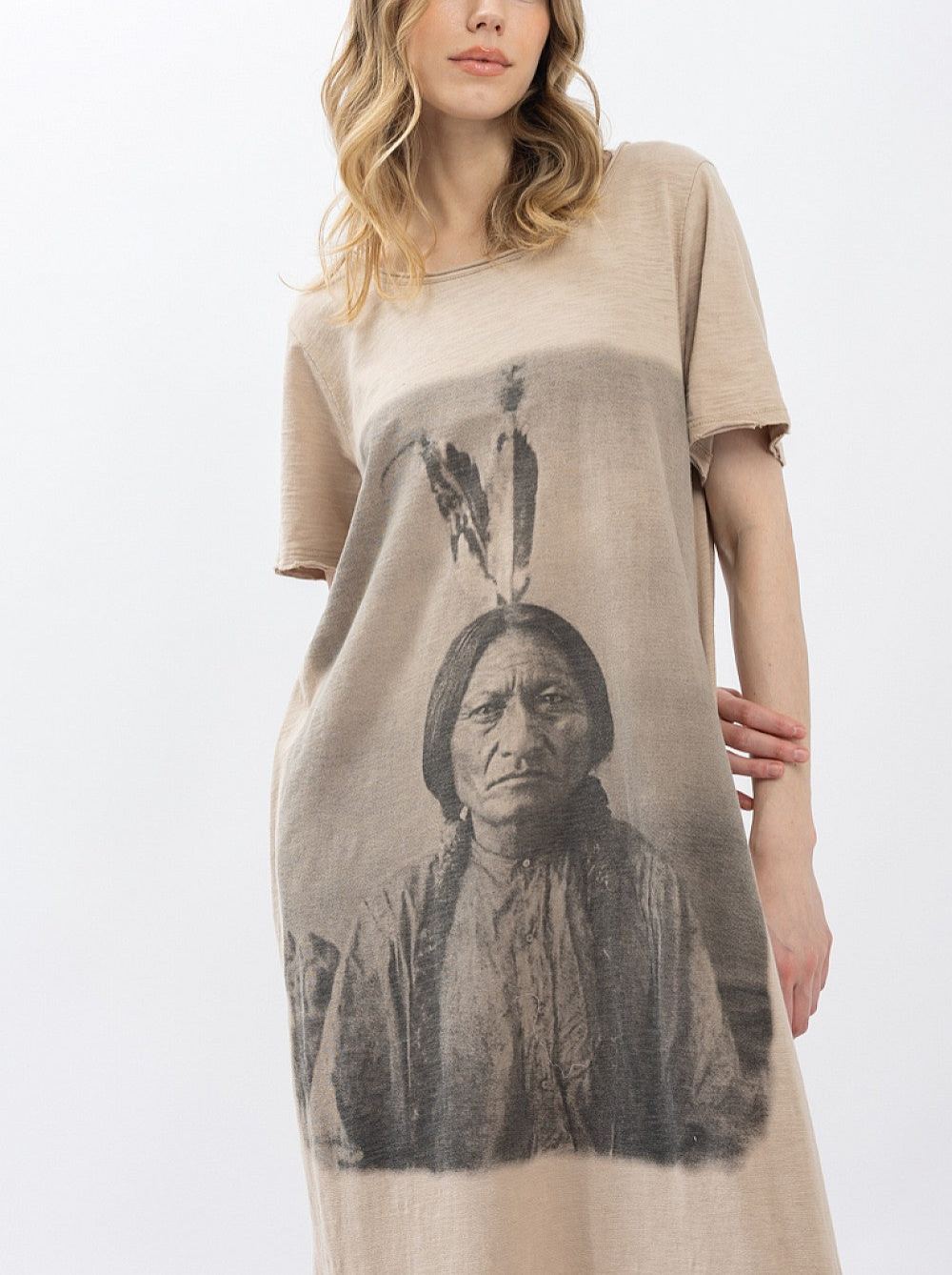 BlueVelvet Indian Print Washed Short Sleeve Long Dress Mushroom