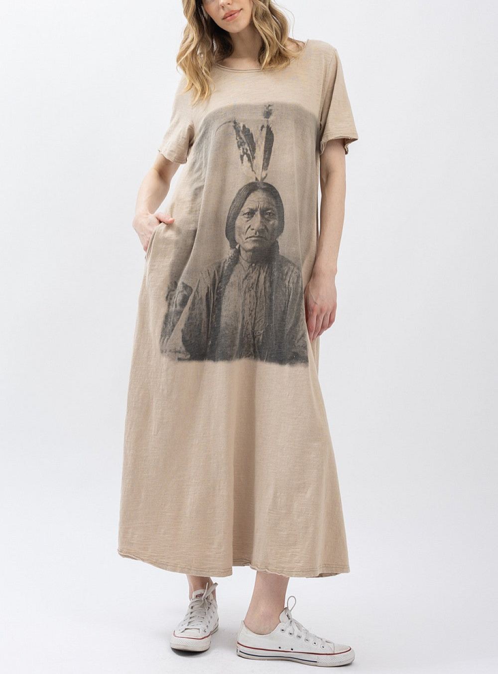 BlueVelvet Indian Print Washed Short Sleeve Long Dress Mushroom