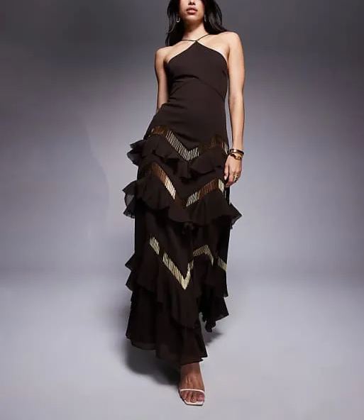 halter neck tiered embellished ruffle maxi dress in chocolate