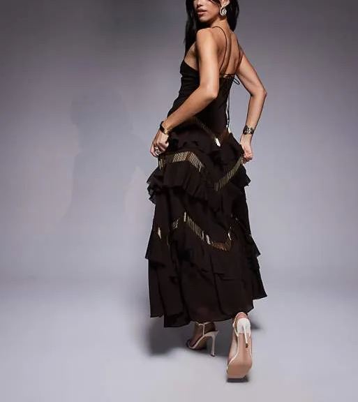 halter neck tiered embellished ruffle maxi dress in chocolate