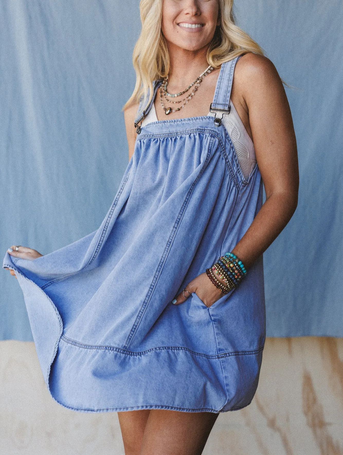 Lily Valley Denim Overalls Dress - Denim