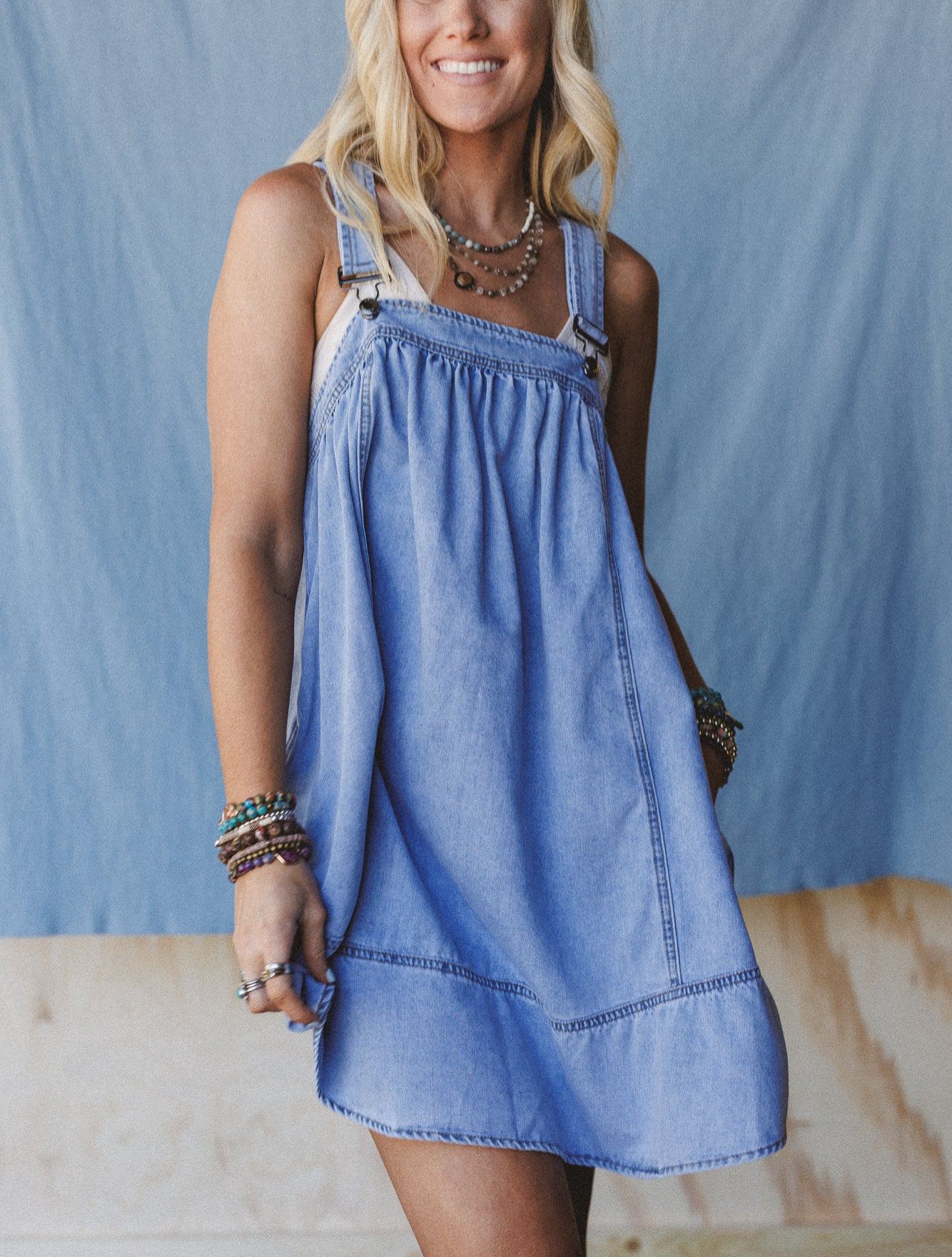 Lily Valley Denim Overalls Dress - Denim