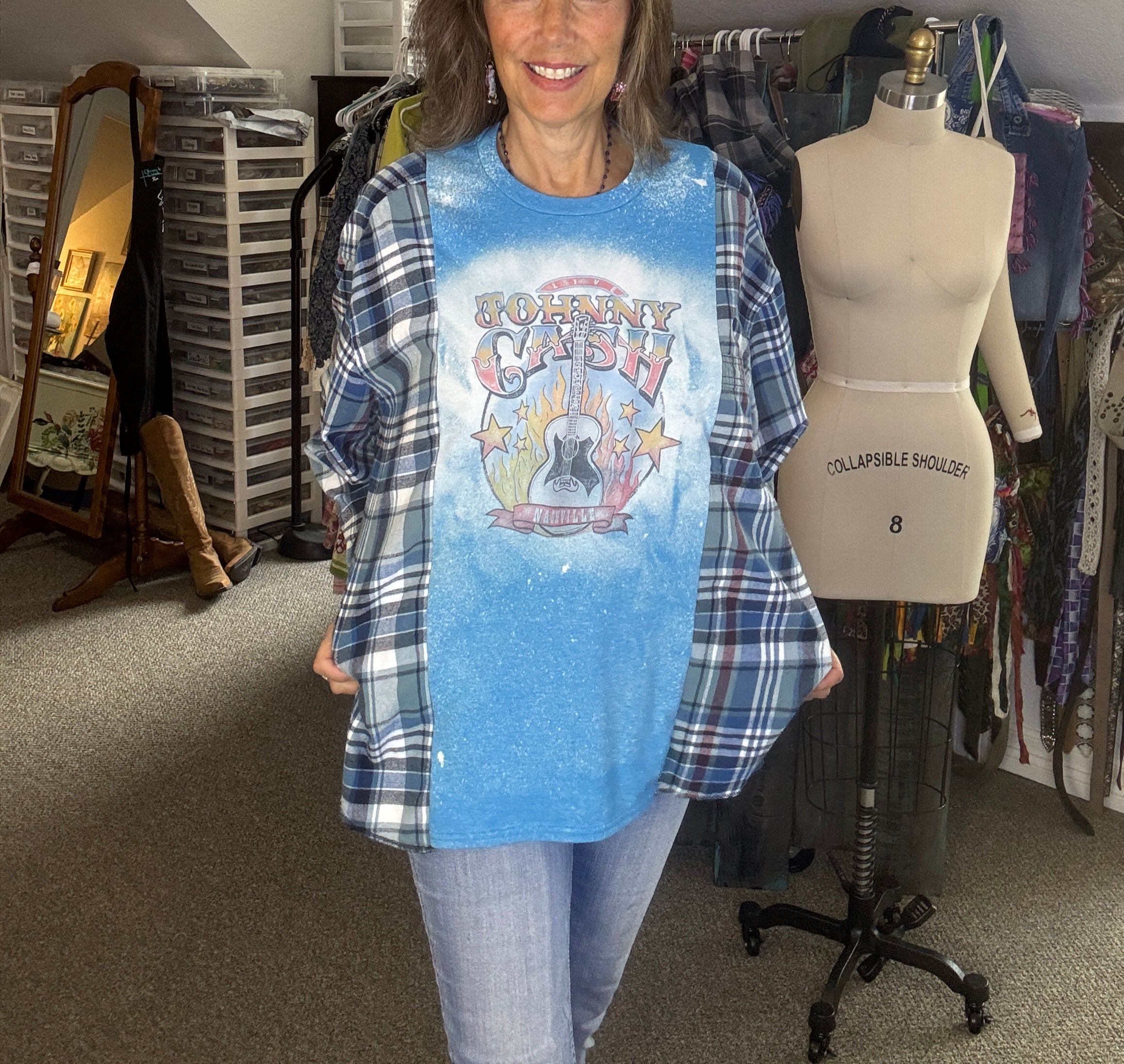 Up-cycled T-Shirt and Flannel, Johnny Cash, Size L - XL, Comfy Baggy Loose Fit