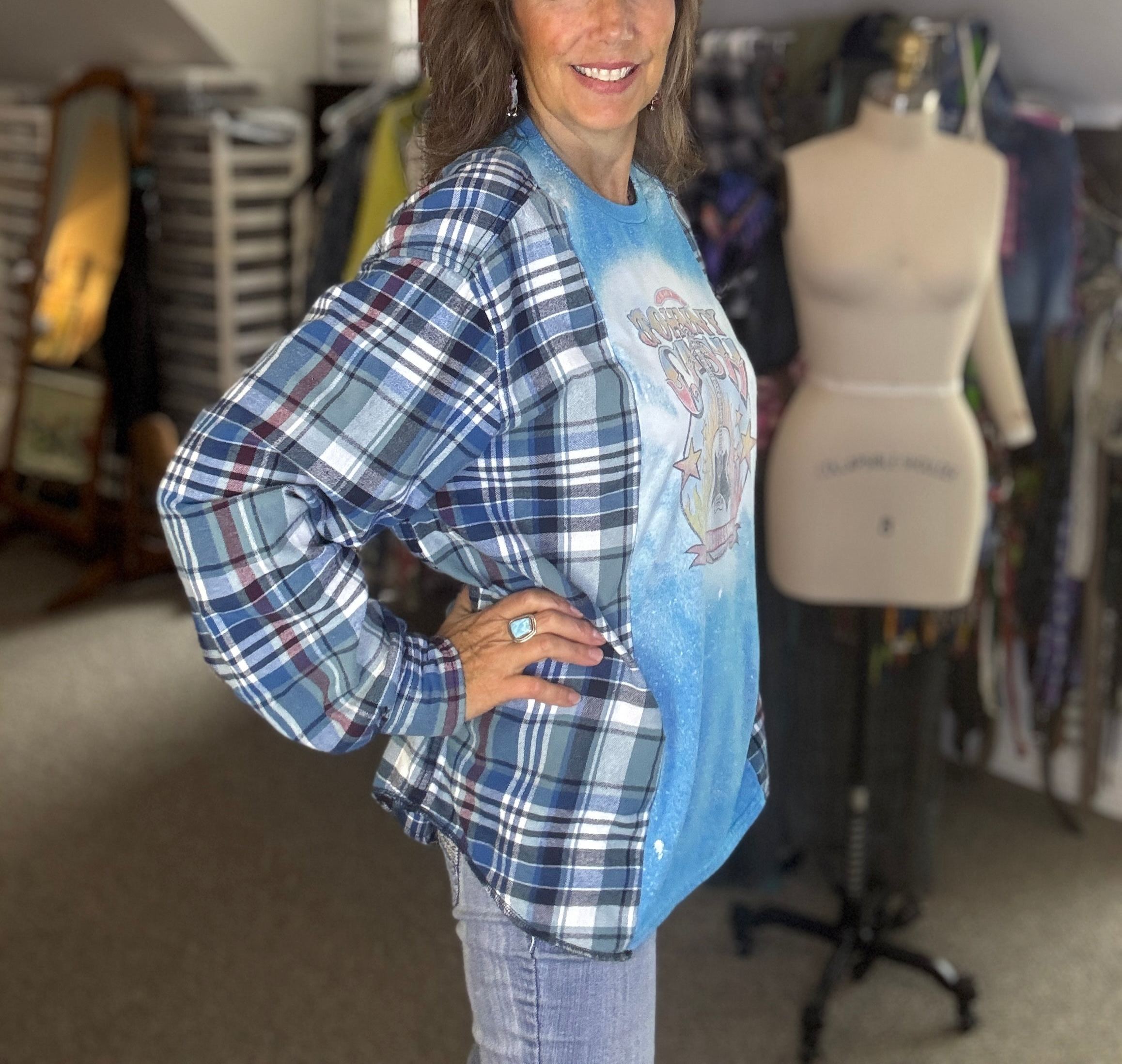 Up-cycled T-Shirt and Flannel, Johnny Cash, Size L - XL, Comfy Baggy Loose Fit