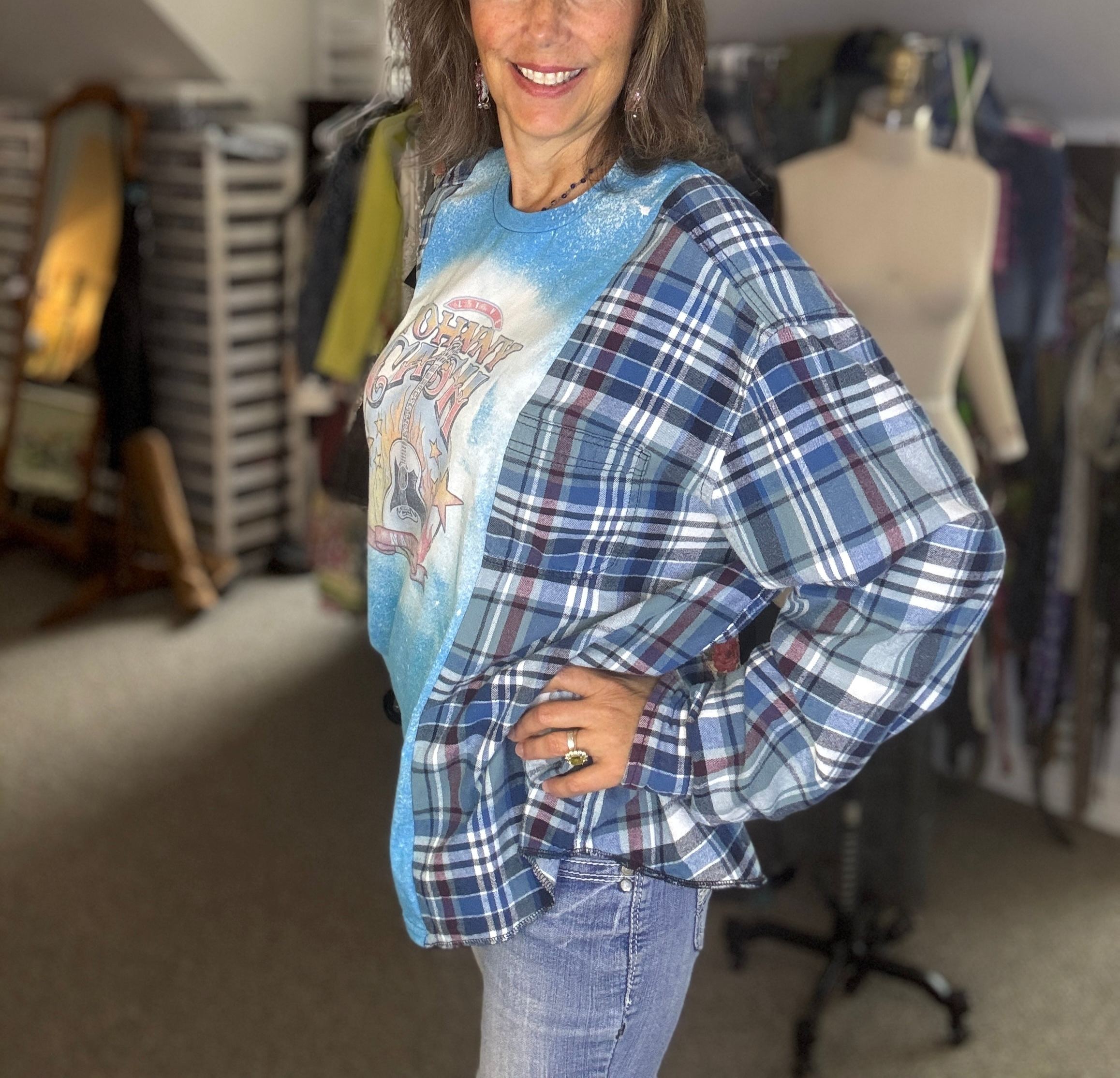 Up-cycled T-Shirt and Flannel, Johnny Cash, Size L - XL, Comfy Baggy Loose Fit