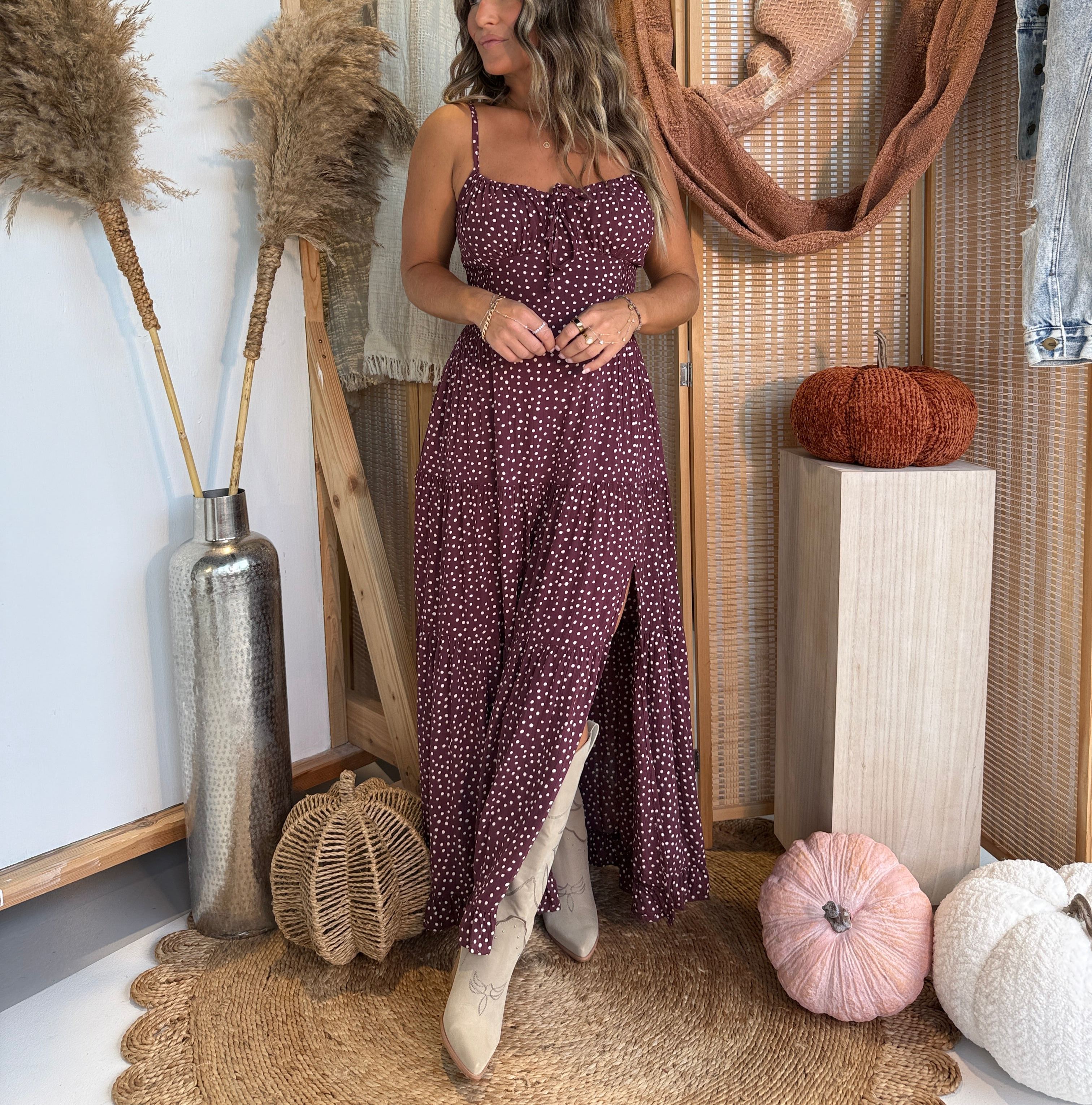 Fall Date Night Maxi Dress Chocolate Polkadot