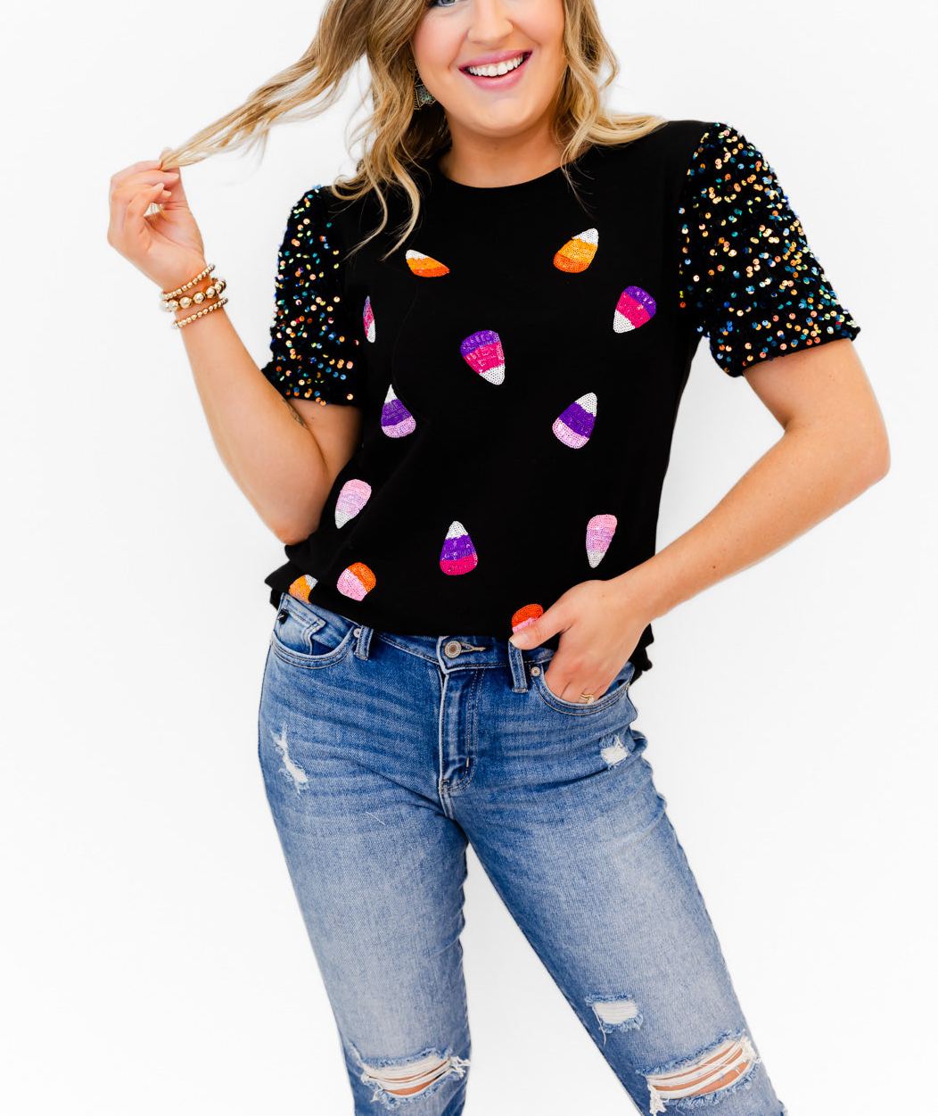 Glitzy Girl Sparkle Candy Corn Top